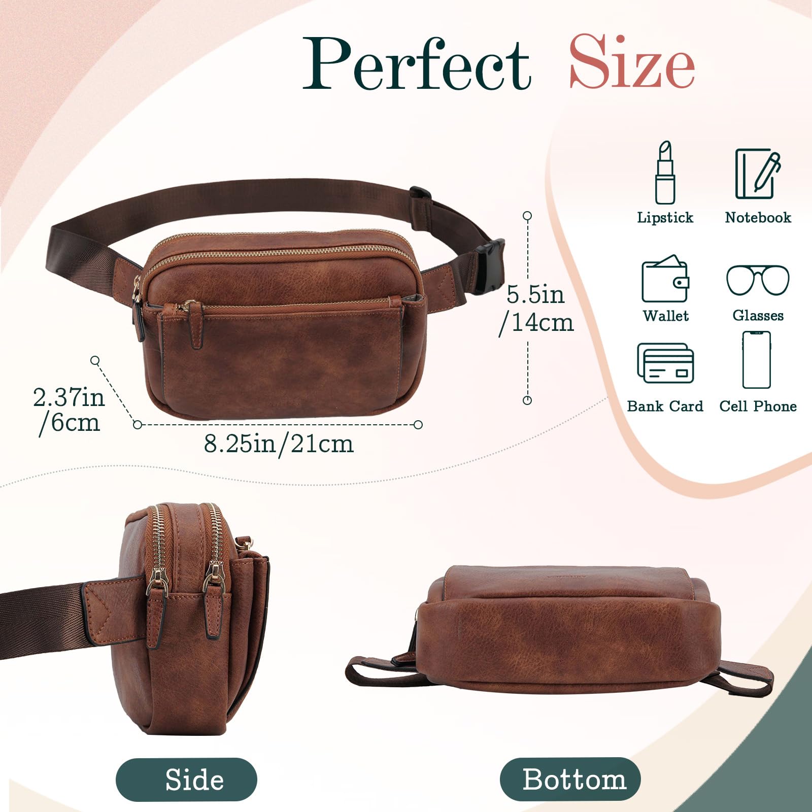 VX VONXURY Sac Banane Chic pour Femme Homme, Cuir PU Sac Ceinture Sacoche Banane Fanny Pack, Sac Banane Léger à Bandoulière avec Sangle Réglable pour la Course à Pied en Plein Air, la Randonnée