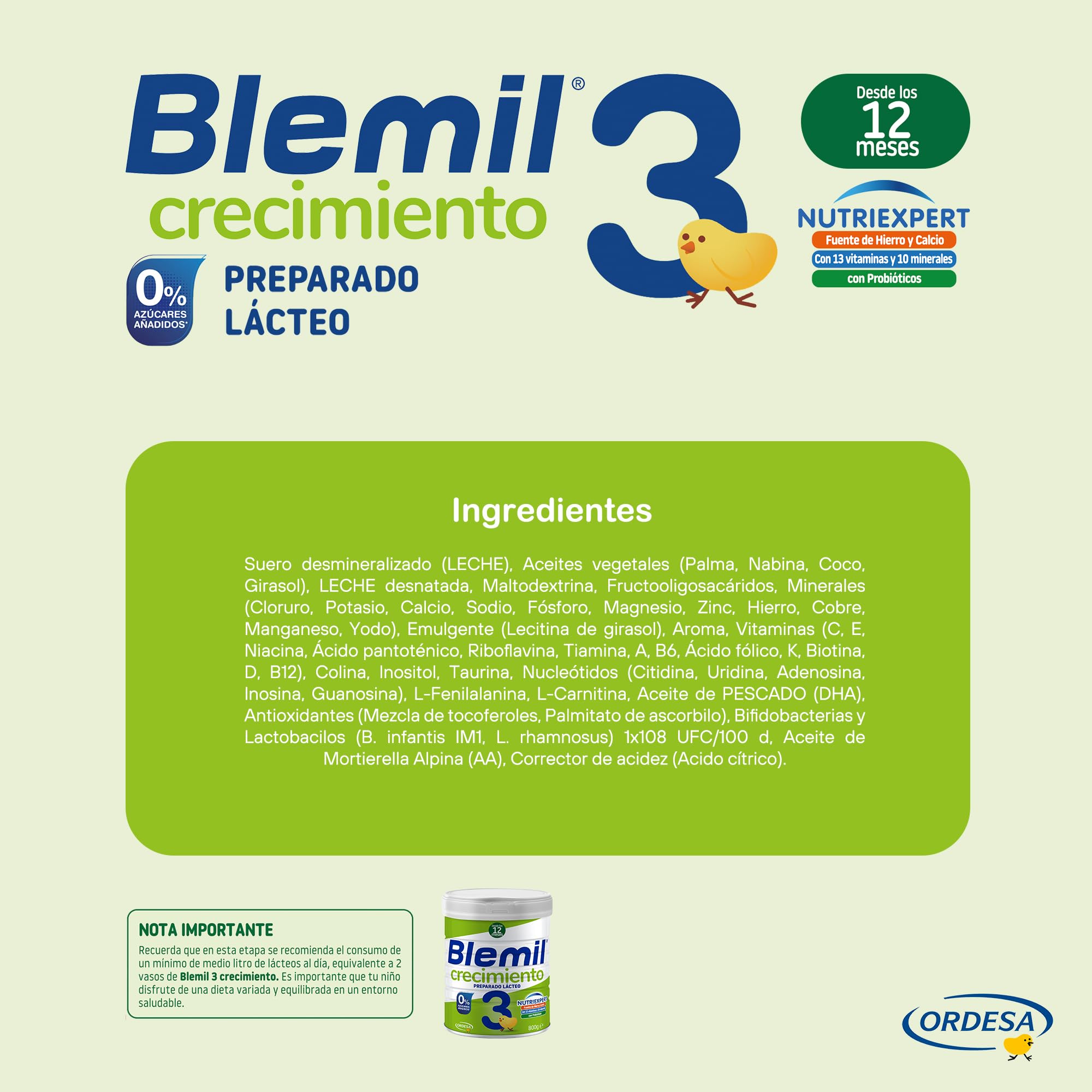 Blemil 3 Crecimiento 0% Azúcares Añadidos 800g Preparado Lácteo en polvo para Niños 1-3 Años