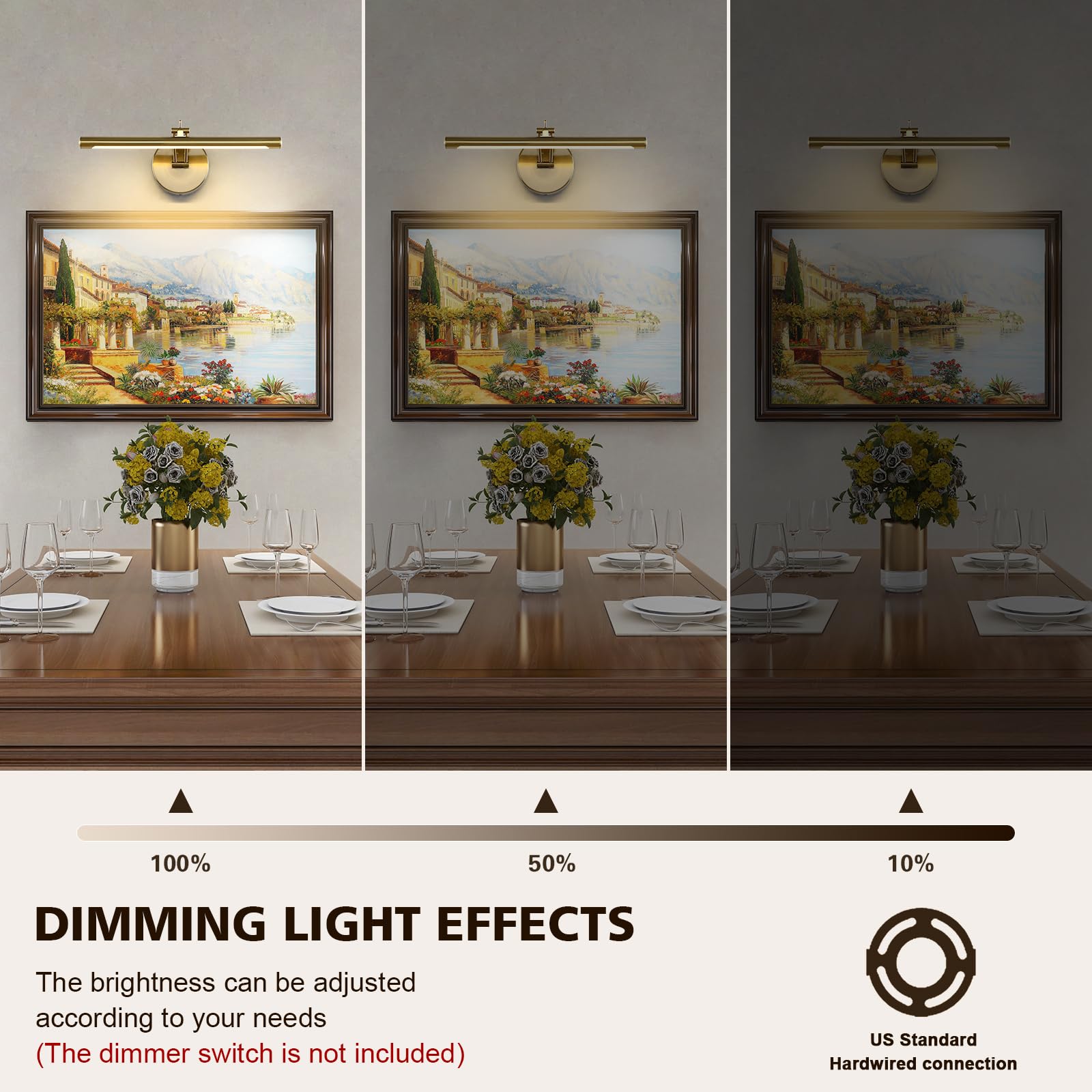 Lampada da parete dimmerabile rigida cablata da 15,75 pollici braccio oscillante regolabile in ottone luci da parete per immagini Display a LED per opere d'arte 7 W bianco caldo