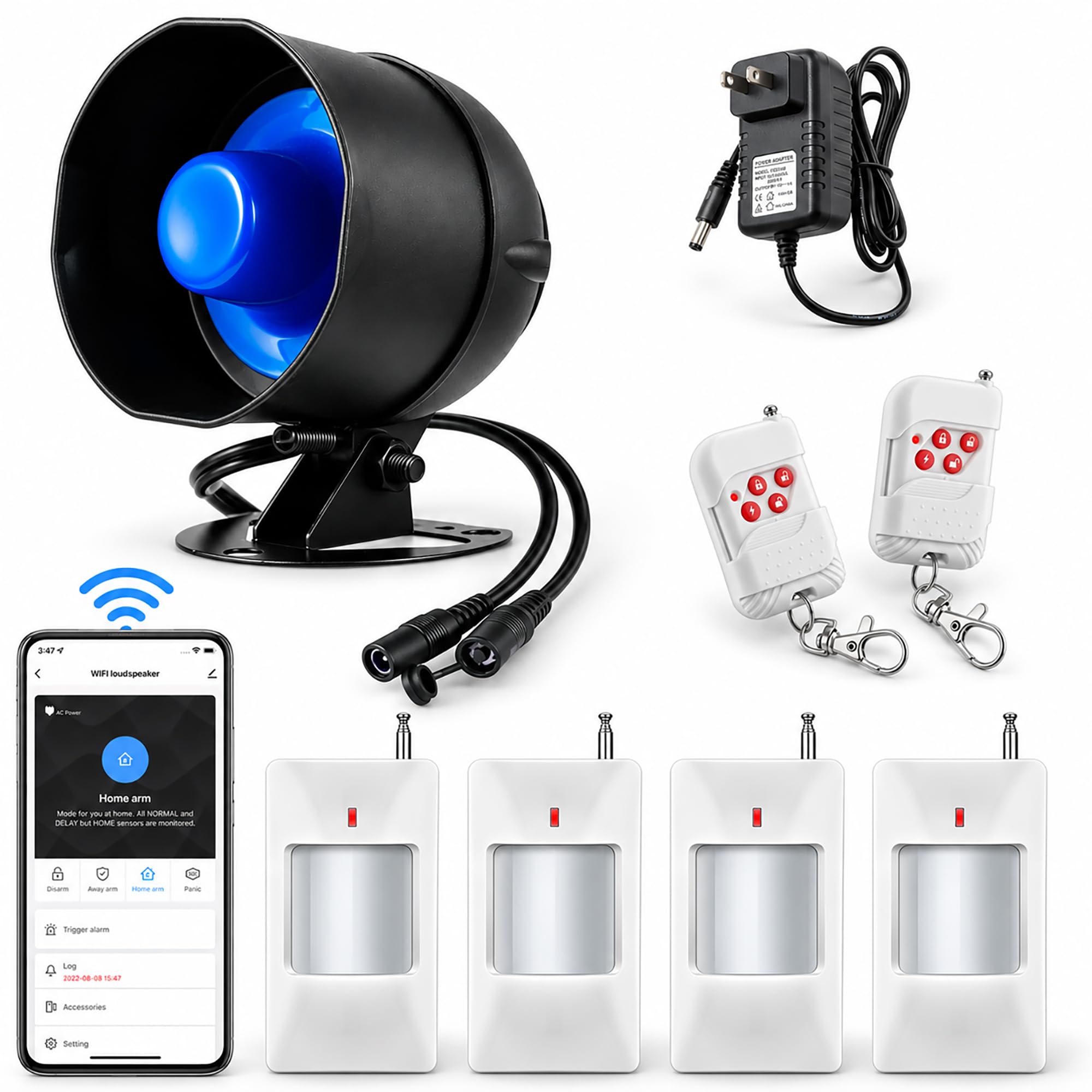 WiFi Alarm System for Home Security — Wireless 120dB Loud Siren with Motion Sensor, Remote Control, Weatherproof for House, Apartment, Shed, Garage & Driveway(SetD)