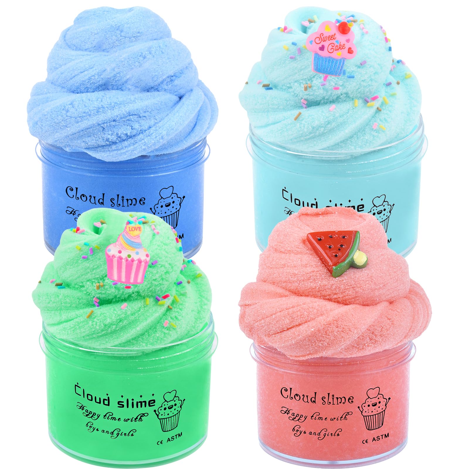 Cloud Slime Kit 4 Pack, Scented Slime with Cute Slime Fun Charms, Soft & Non-Sticky, DIY Stress Relief Toys for Girls Boys Kids