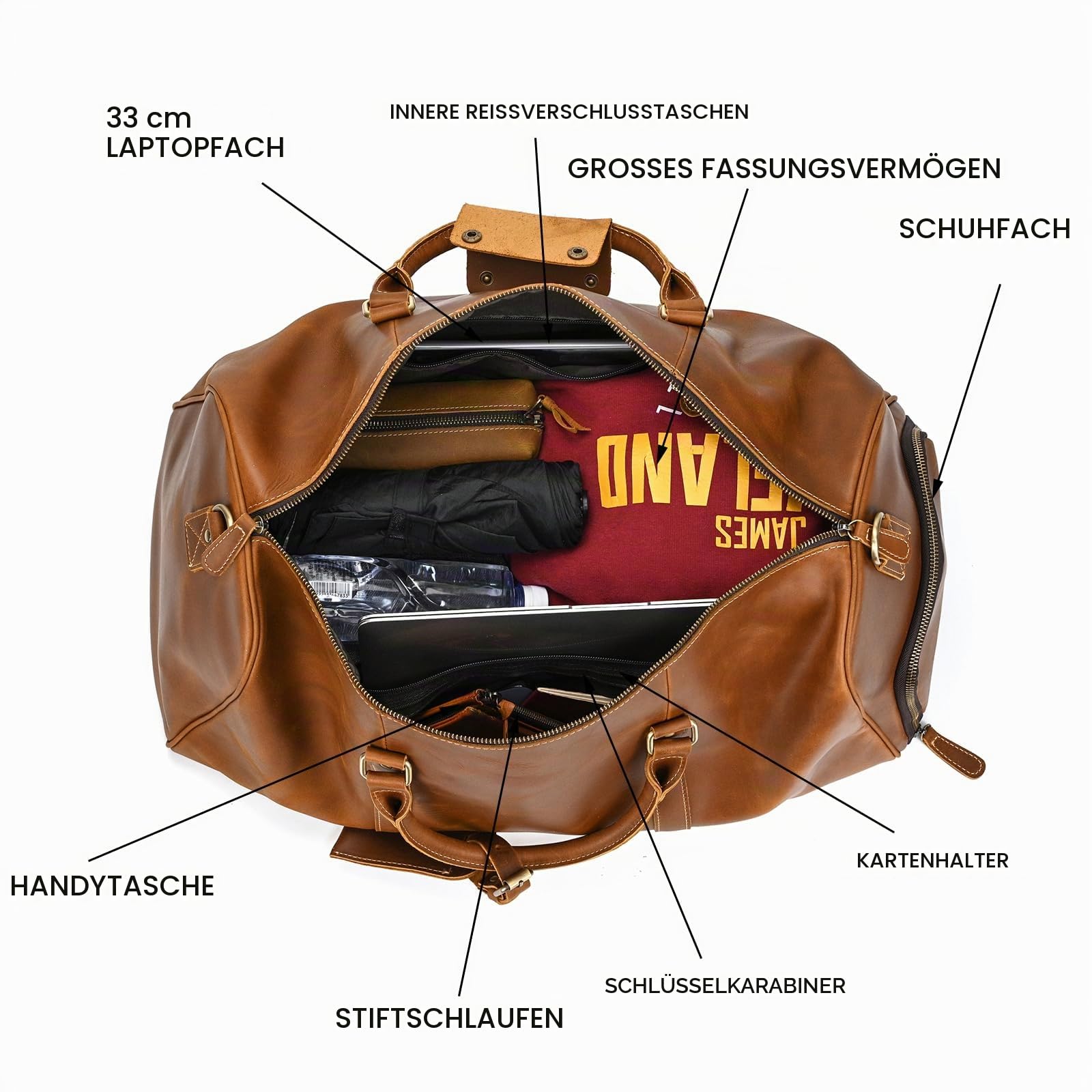 Vintage Reisetasche Herren Leder Weekender zum Umhängen Overnight Duffle Bag Großes Reisegepäck 55cm echtes Rindsleder, Hellbraun