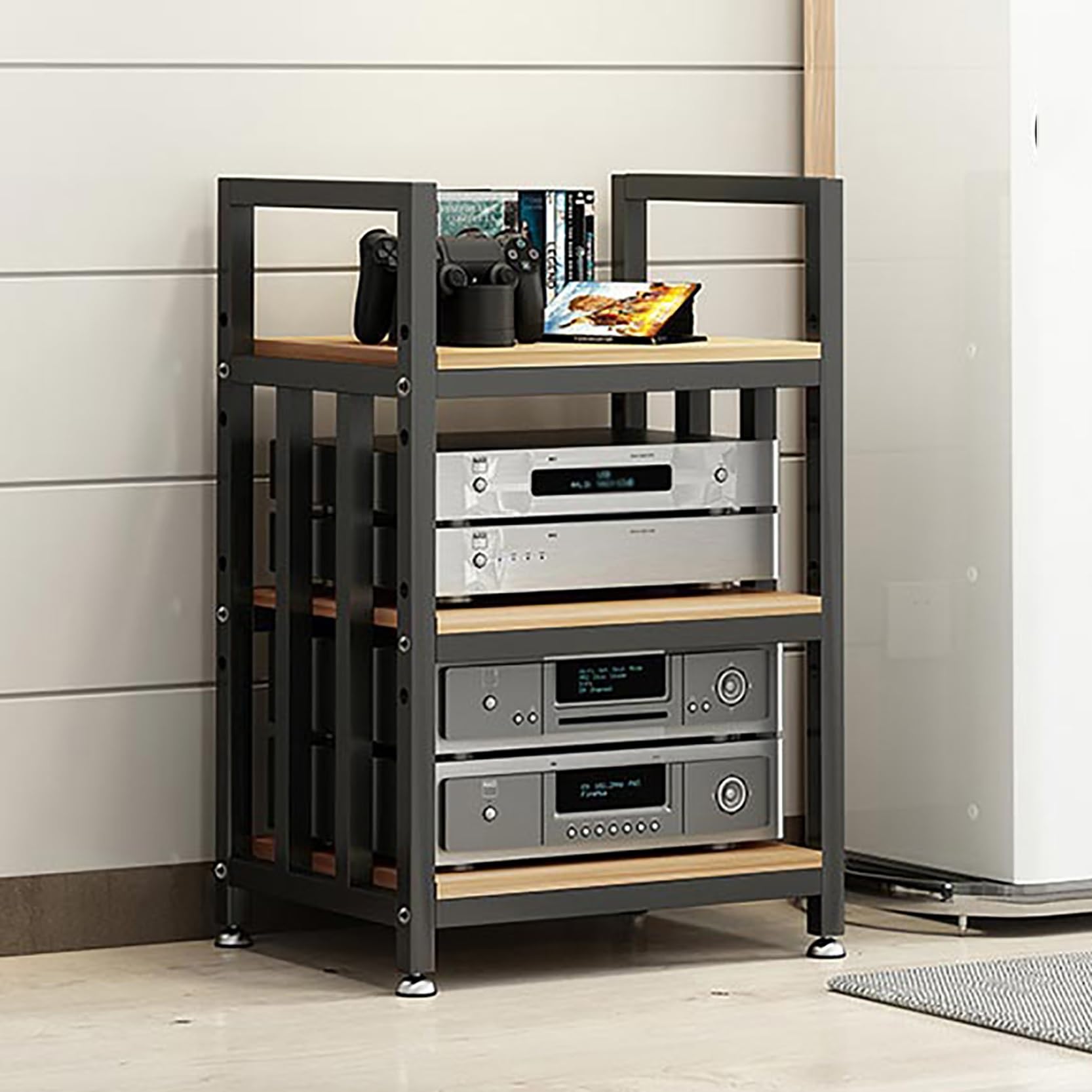 Scaffale per dischi in vinile multistrato HiFi nero, rack di archiviazione audio per dischi e apparecchiature in vinile, elegante espositore per amanti della musica e collezionisti