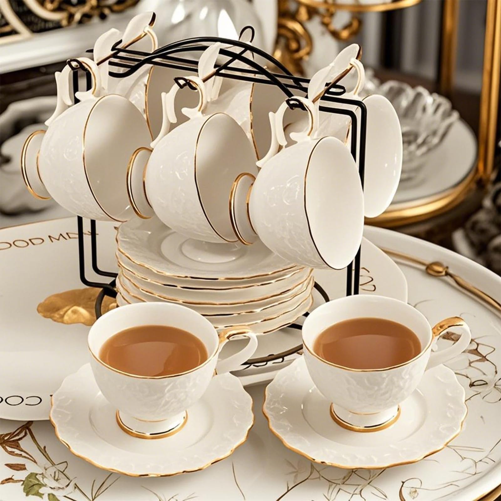 Service À Thé Vintage En Porcelaine 18 Pièces Avec Soucoupes Et Cuillères - Service À Thé Européen En Porcelaine Fine 200 Ml - Service À Café/Thé - Cadeaux Pour Femmes