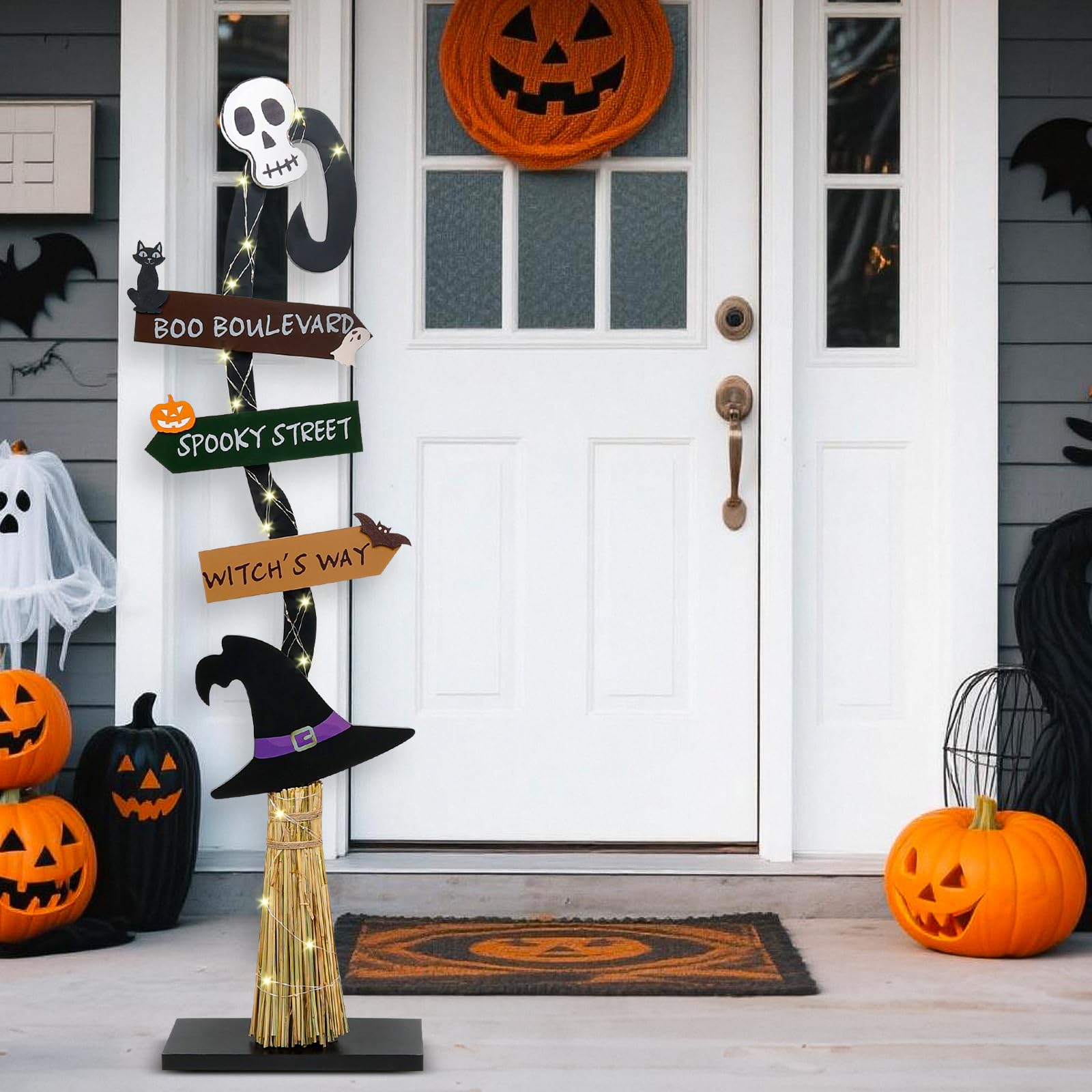 Decorazioni di Halloween | Scopa da strega in legno illuminato | Spooky Light Up Halloween Decor Witch Portico Cartello in piedi per interni ed esterni