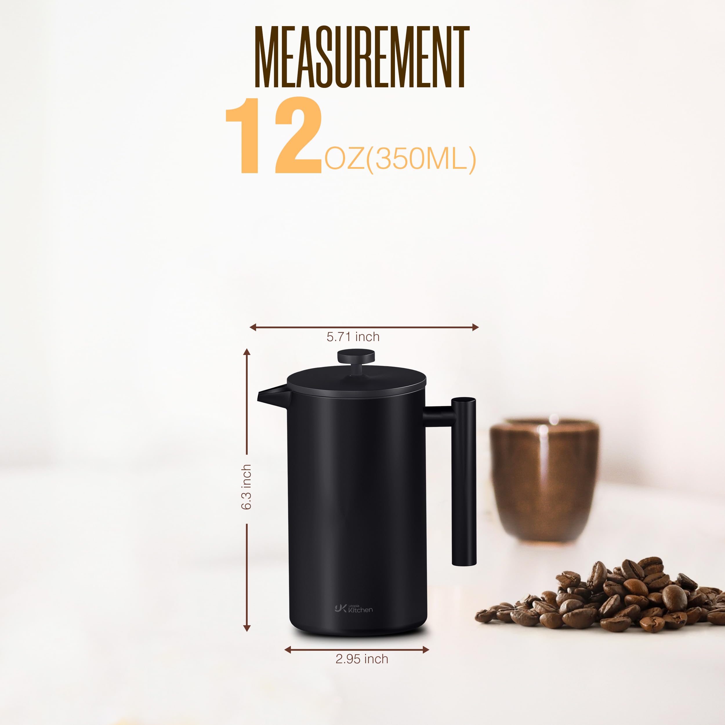 Utopia Kitchen - Cafetière à piston française de 621 ml, double paroi isolée en acier inoxydable avec système de filtration à 4 niveaux, comprend 2 filtres supplémentaires, anti-rouille, passe au