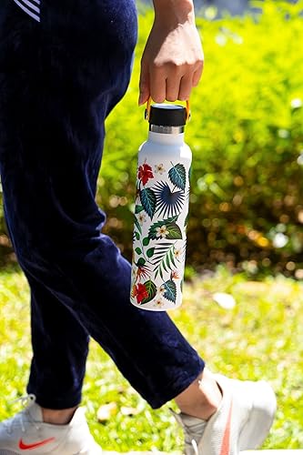 Miniatura 7 de IONI Botella de agua para mujer de 24 onzas (2 tapas) – Diseño de arte tropical blanco – Acero inoxidable sin BPA aislado a prueba de fugas –