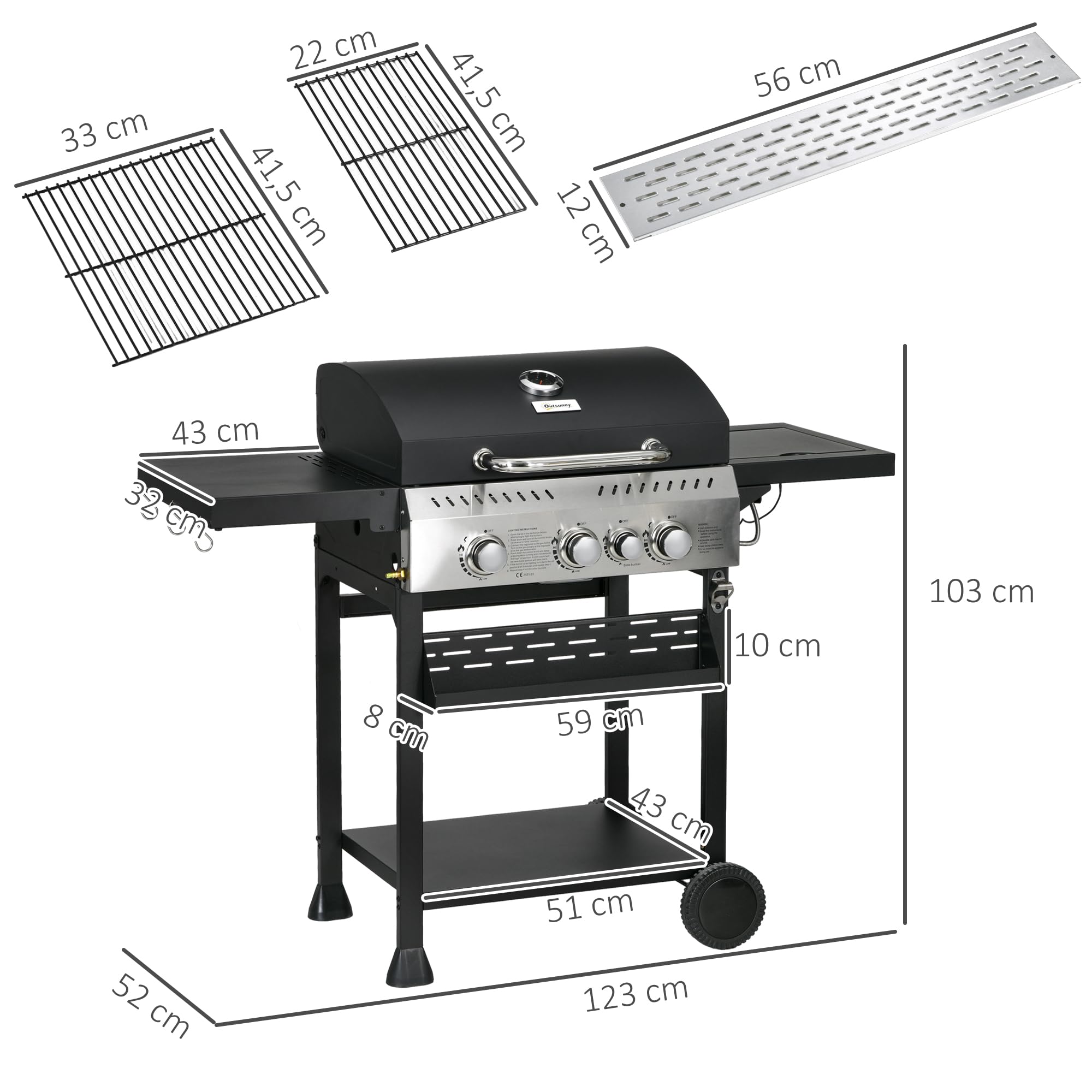 Outsunny Gasgrill 3 KW 3+1 Brenner Edelstahl Gas-Grill mit Seitenbrenner Grillrost Kochfeld Thermometer BBQ Grillwagen mit Flaschenöffner Seitenablagen für Camping Balkon 123 x 52 x 101cm