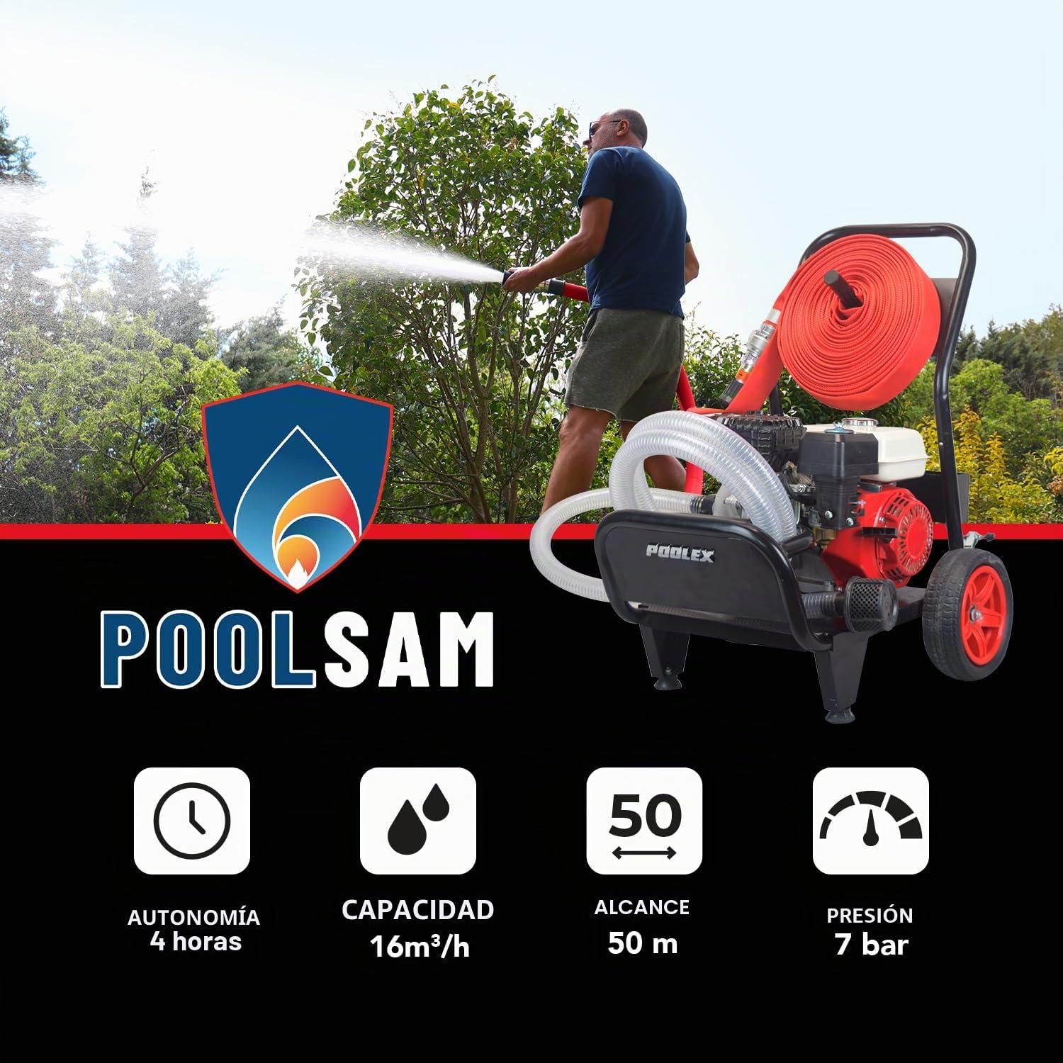 POOLEX Pool Sam - Motobomba Defensa Salida Incendio Forestal Capacidad 16 m³/h - Autonomía 4 Horas - Distancia Manguera 25 m - Alcance de proyección 25 m - Motor térmico 7 CV - Bar presión 7