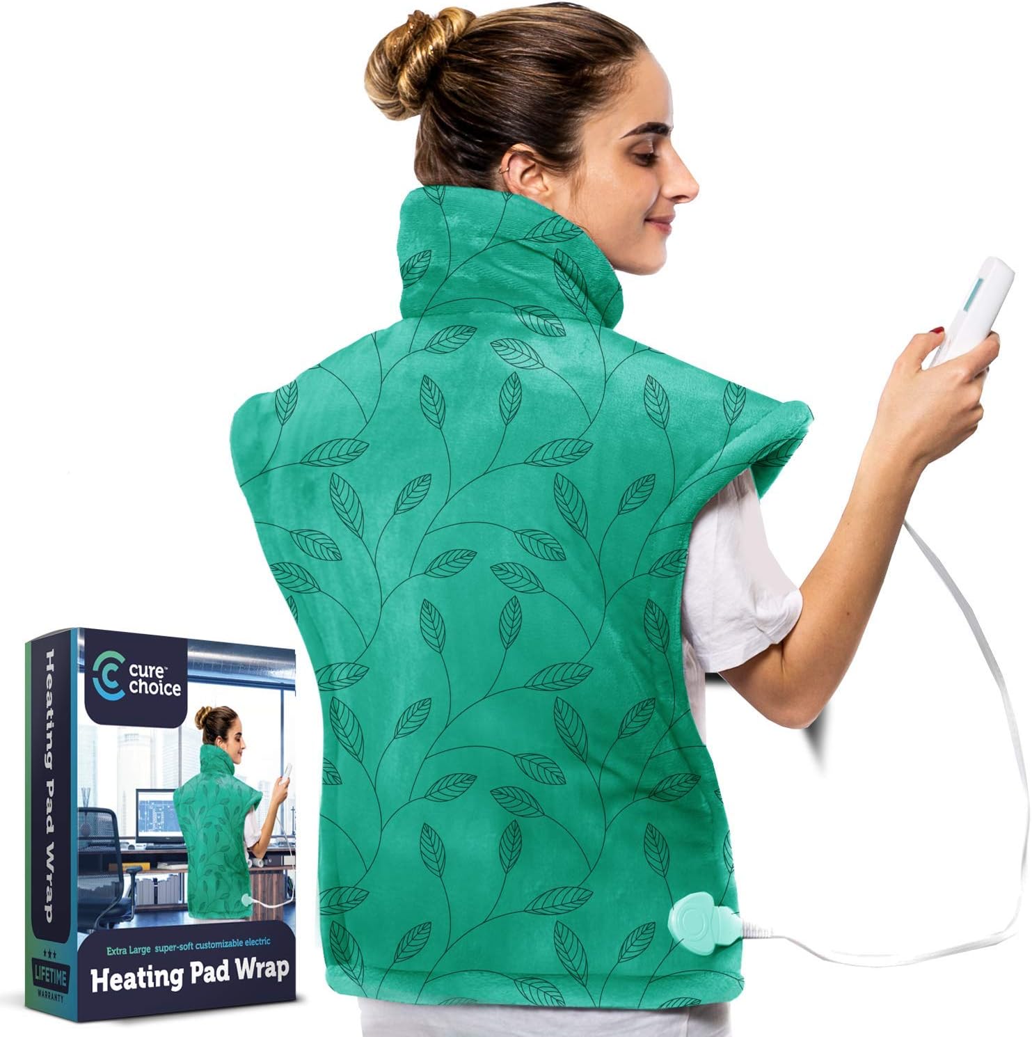 Cure Choice XL Electric Heating Pad for Back Pain Relief, Ultra Soft 24"x33" Heating pad for Muscle Cramps – Heated Pad with Adjustable Temperature Settings Safe Auto Shut.(Green)