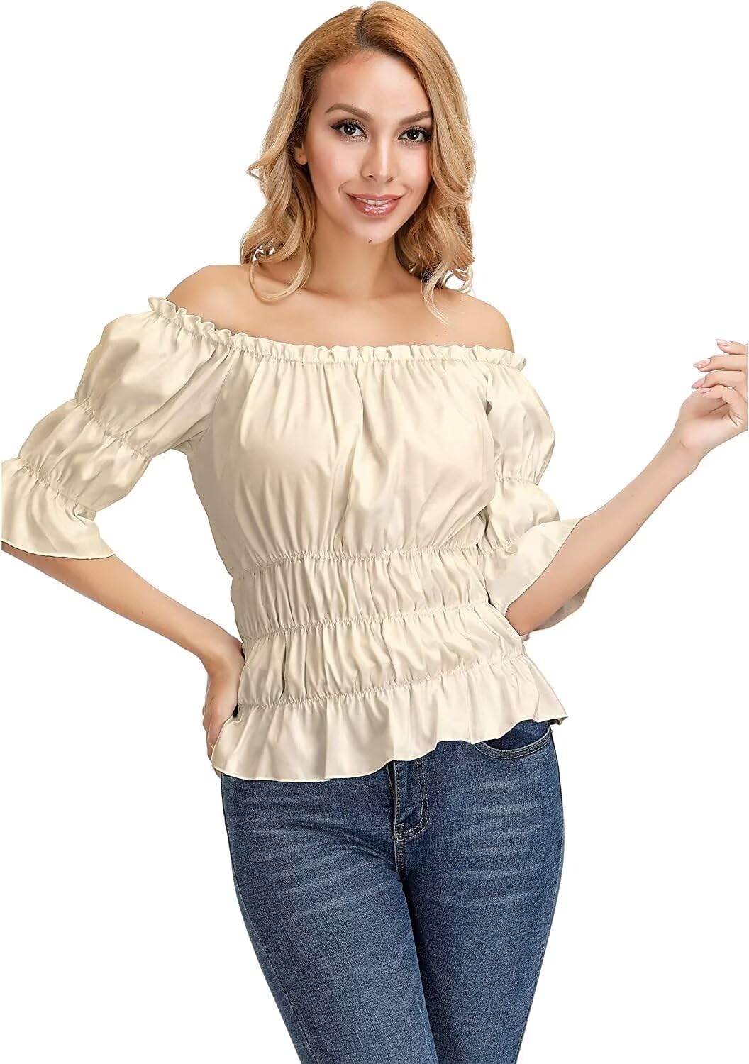 jutrisujo Women's Blouses & Shirts Off The Shoulder Medieval Renaissance Top Pirate Gothic Short Sleeve Summer Plus Size Ladies Khaki XXS