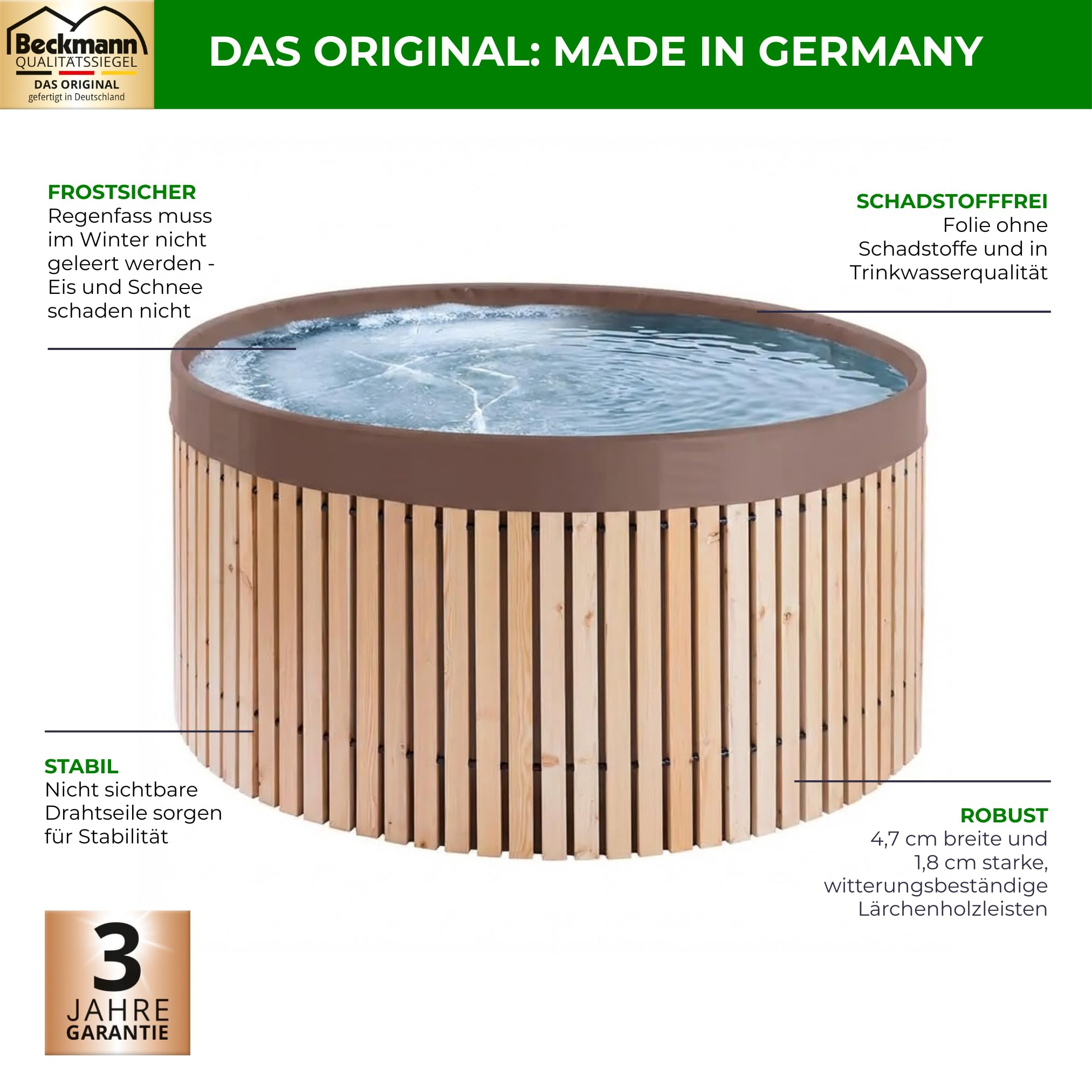 Beckmann Premium Regenfass – Regentonne 2000 Liter aus Lärchenholz – Tauchbecken frostsicher – Wassertank & Wasserfass inkl. Folie, Ø 174x88cm