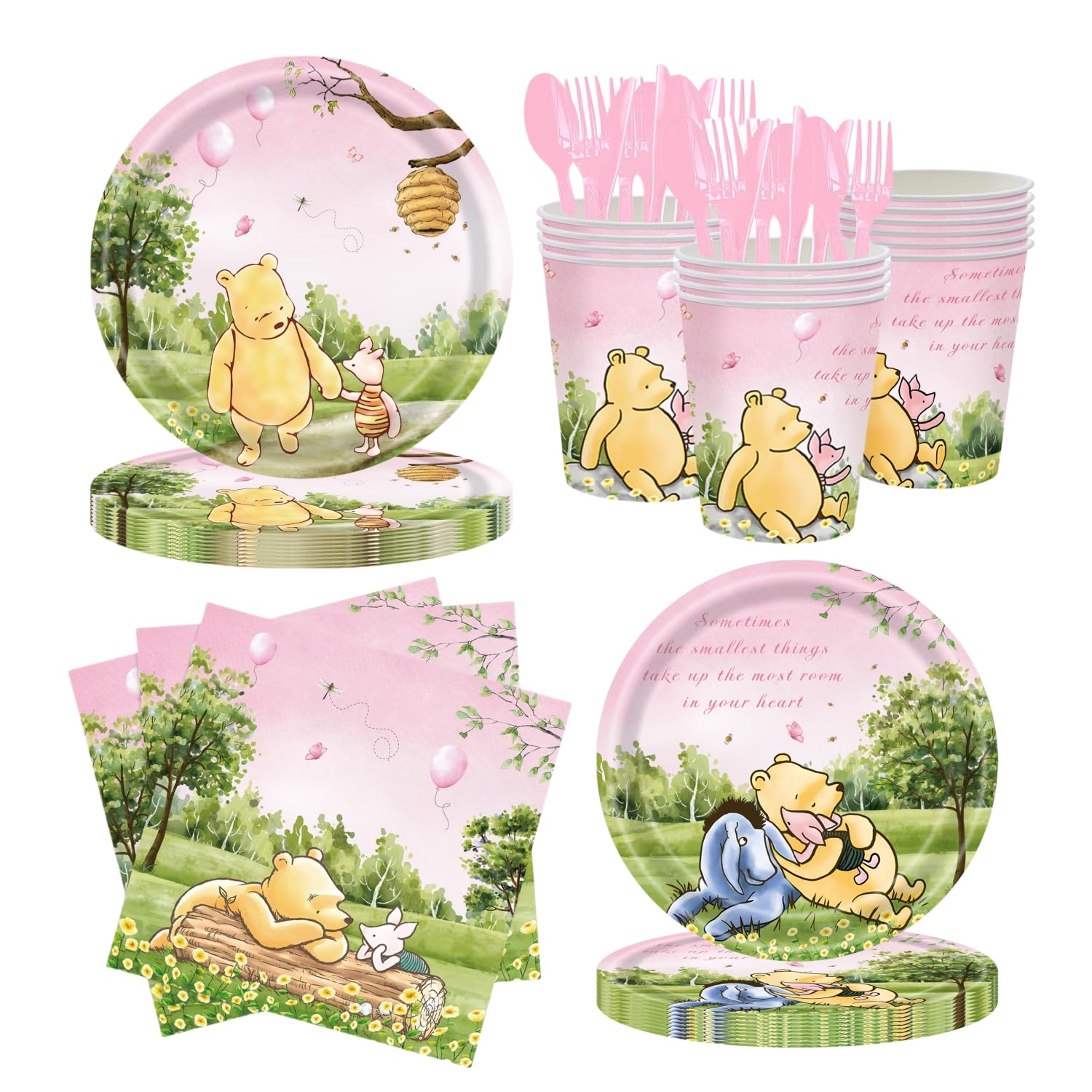 DAYIMG 175PCS Pink Winnie Baby Shower Decorations Pooh Paper Plates and Napkins Cups Girls Birthday Party Supplies Tableware Dinnerware Set (25 Guest)
