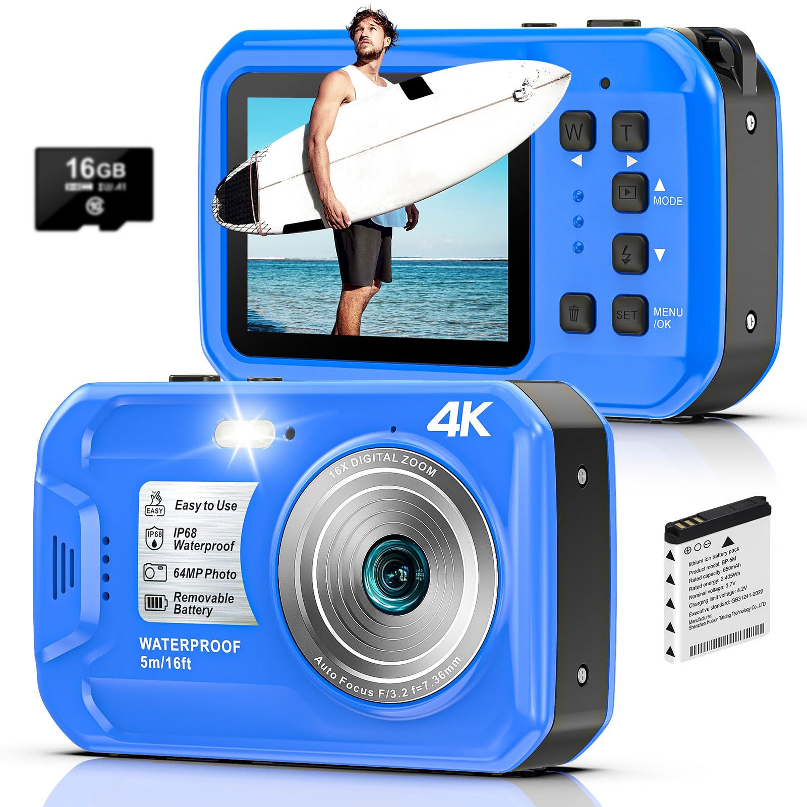 4K Underwater Camera, 64MP 16FT Waterproof Digital Camera with