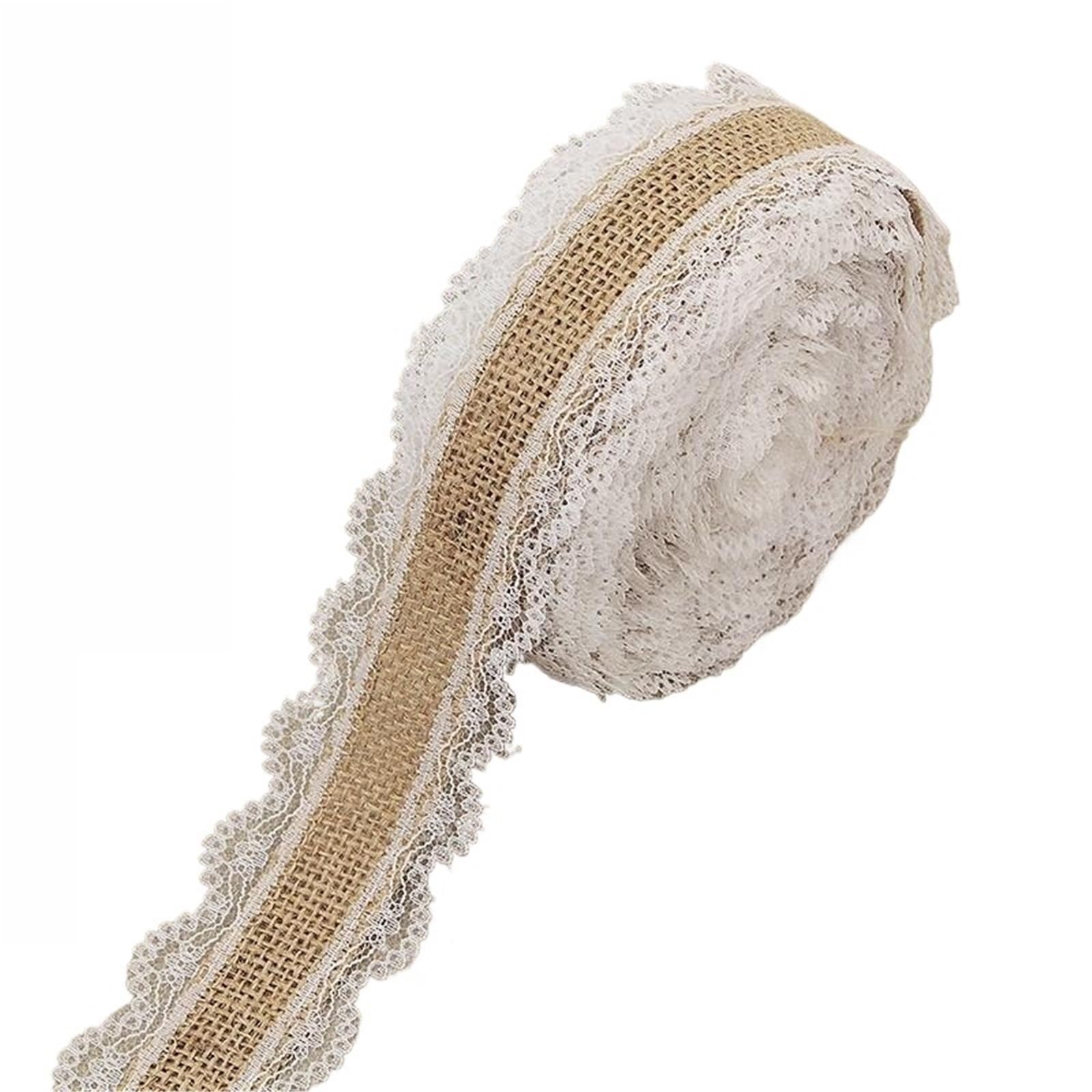 Burlap Fabric Roll 2m/roll Lace Burlap Natural Jute Hessian Ribbon with White Rustic Wedding Party Decoration Ornamentn Wrapping Decor(Color2)
