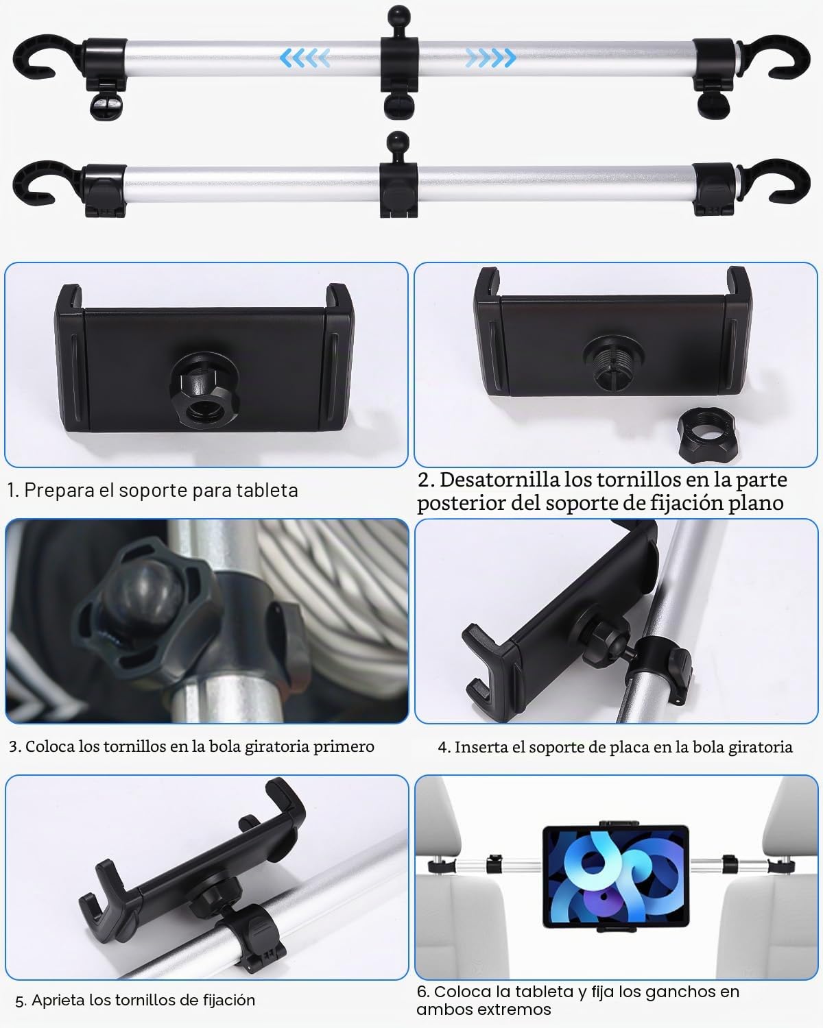 Soporte de metal para tablet para coche, antivibración, con 4 ganchos para el asiento del coche, soporte universal ajustable para tablet de 4,5 a 13 pulgadas, iPad Mini Air Pro 12,9 11, Switch