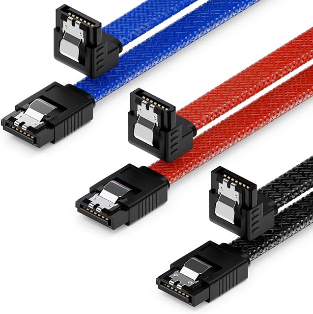 deleyCON 3x 50cm (1.64 ft.) SATA 3 Nylon Cable Set Data Cable 6 Gbit/s Connector Connection Cable Main Board HDD SSD Hard Drive 1 S-ATA Connector 90° Angled Black Blue Red