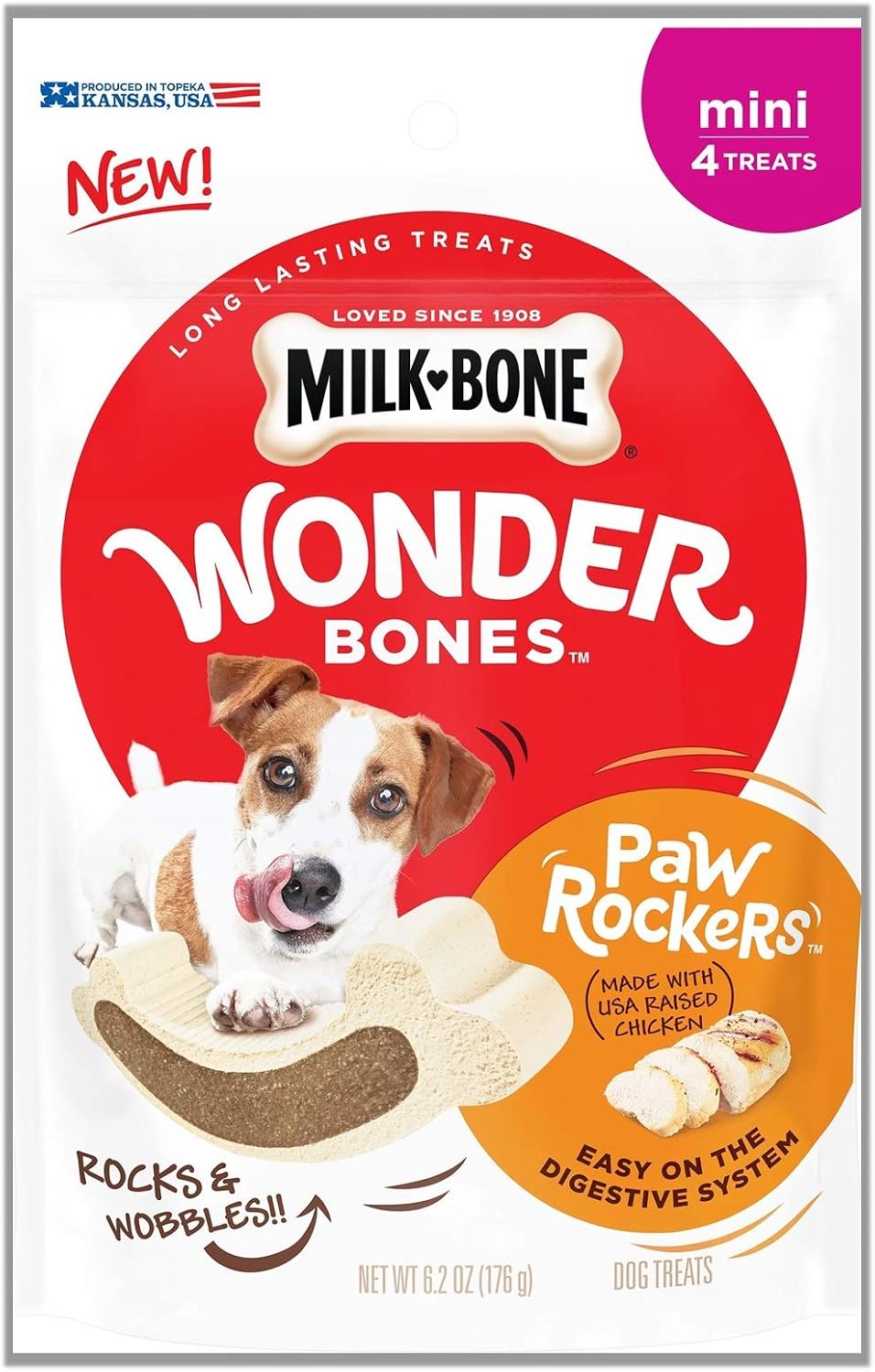 Milk-Bone Wonder Bones Long Lasting Dog Treats, Real Chicken, 4 Mini Paw Rockers (Pack of 6)