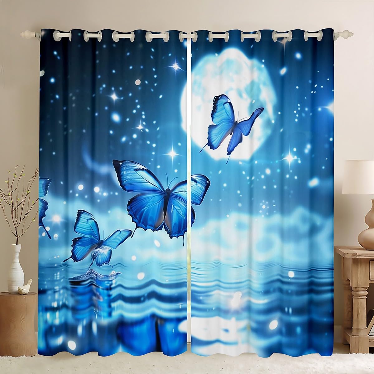 Homemissing Kids Butterfly Curtains for Bedroom Living Room Moon Print Darkening Drapes Boys Decor Butterflies Print 30%-50% Blackout Curtains Ocean Window Treatments W46*L72 — image 1