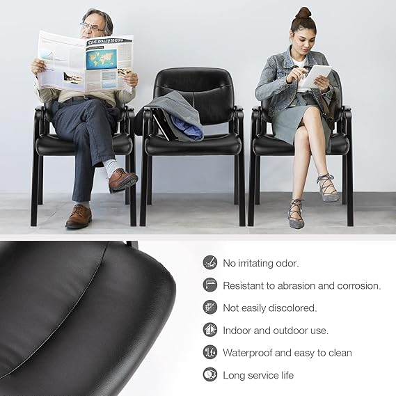 OLIXIS Guest Reception Chair - Waiting Room Chair Set of 2 with Fixed PU Leather Padded Armrest, Clinic Chairs with Lumbar Support, Office Desk Chairs Without Wheels Restaurant, Library, Barber Store