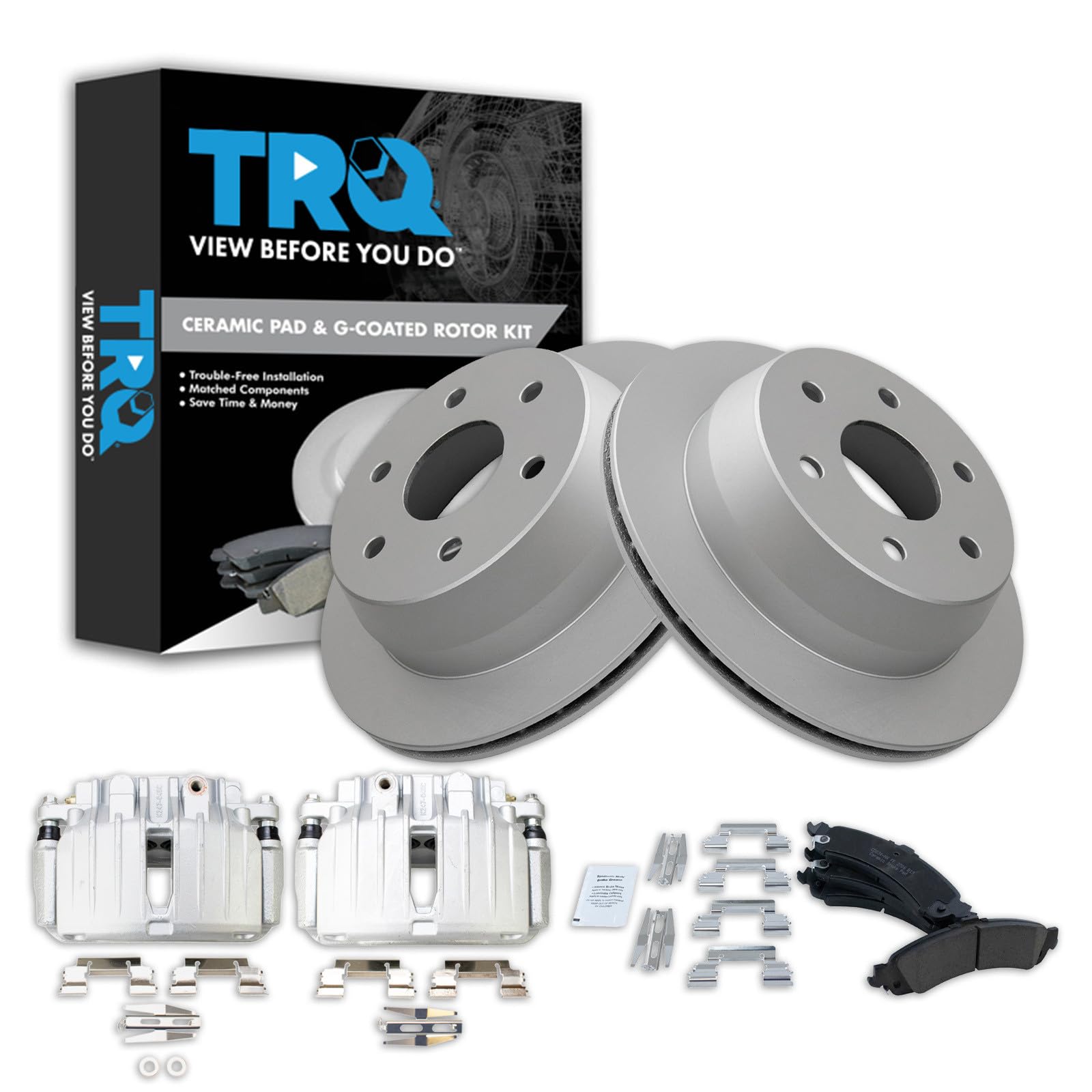 TRQ Rear Brake Pad and Rotor Set Ceramic G Coated Rotors Calipers