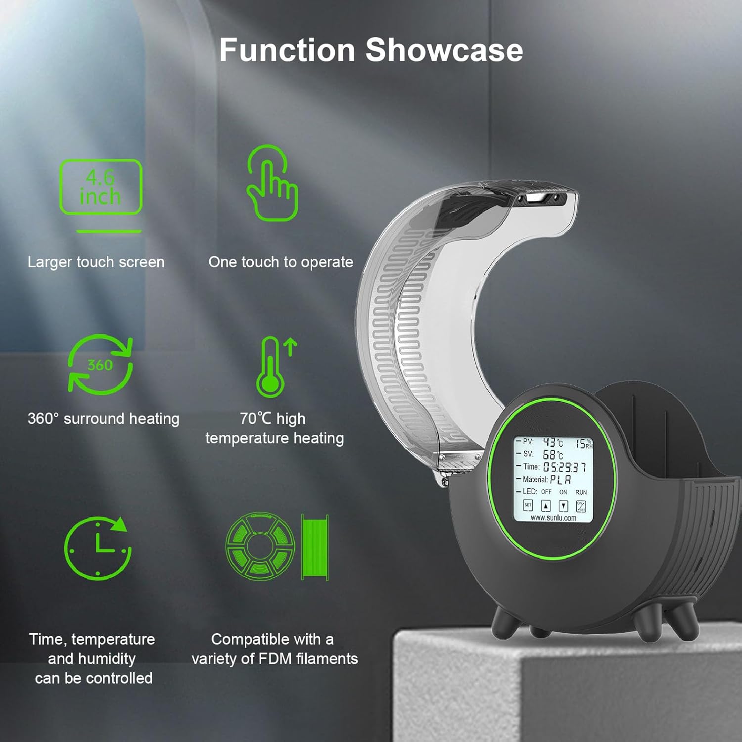 Yosoo 3D Printer Filament Dryer, 2 Temperature Probes, 360° Heating, 4.6 Inch Dry Storage Box for Optimal Printing, Compatible with 1.75mm, 2.85mm, 3mm (US Plug 100-240V)