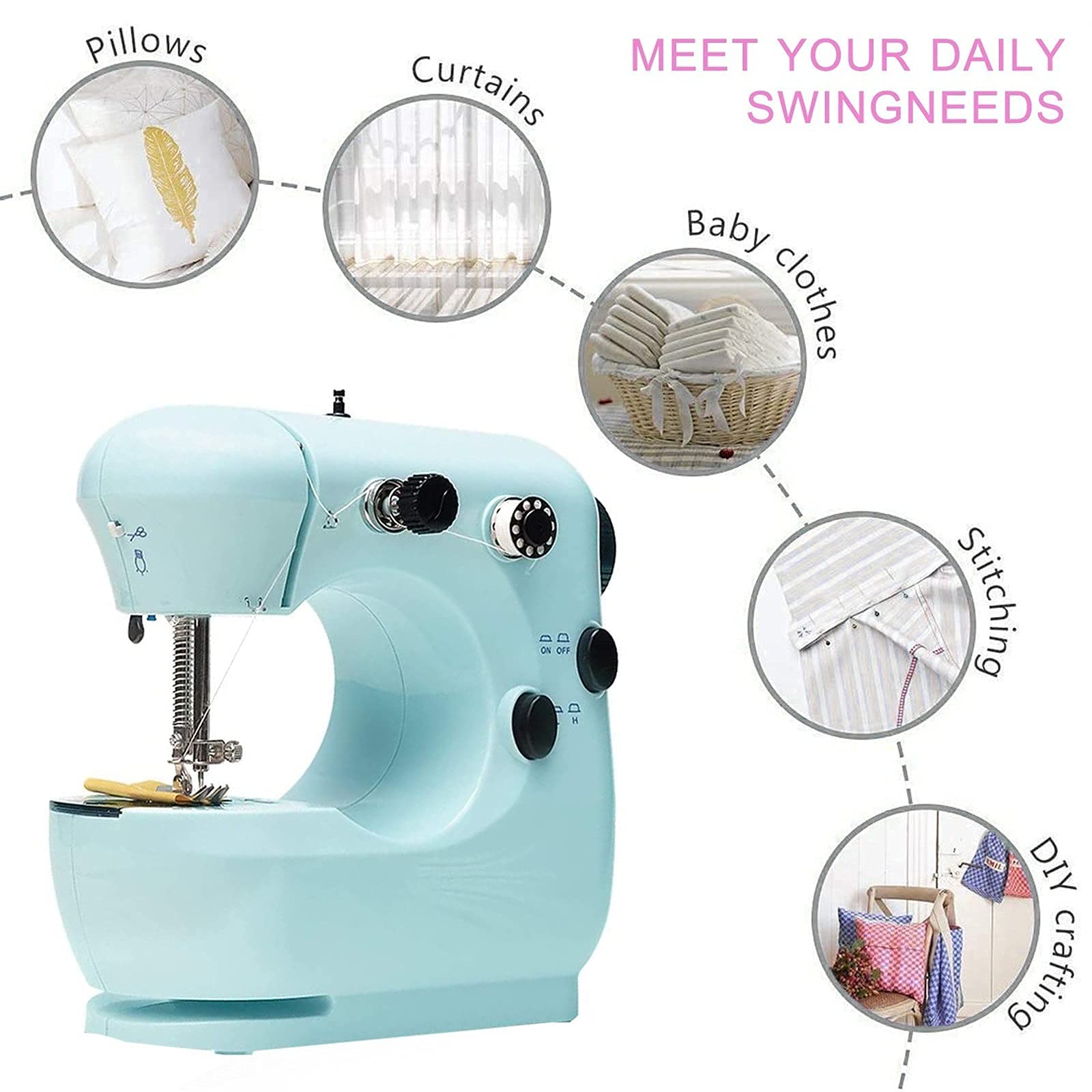 Mini máquina de Coser Mini máquina de Coser Rosca Doble Ajustable de 2 velocidades con Luces y Pedal de Corte Fácil de Usar (Azul, Talla única)