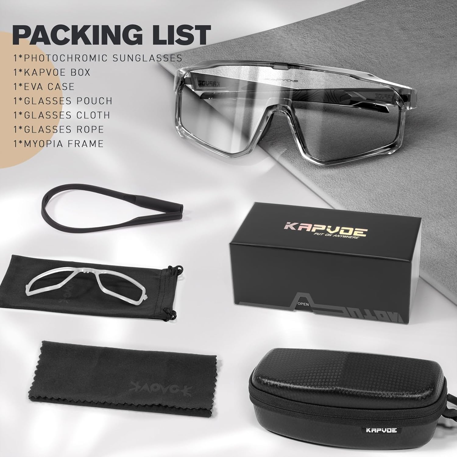 KAPVOE Photochromic Cycling Glasses Men Women Clear Mountain Bike Sunglasses MTB Sports Transition Triathlon Running - K93