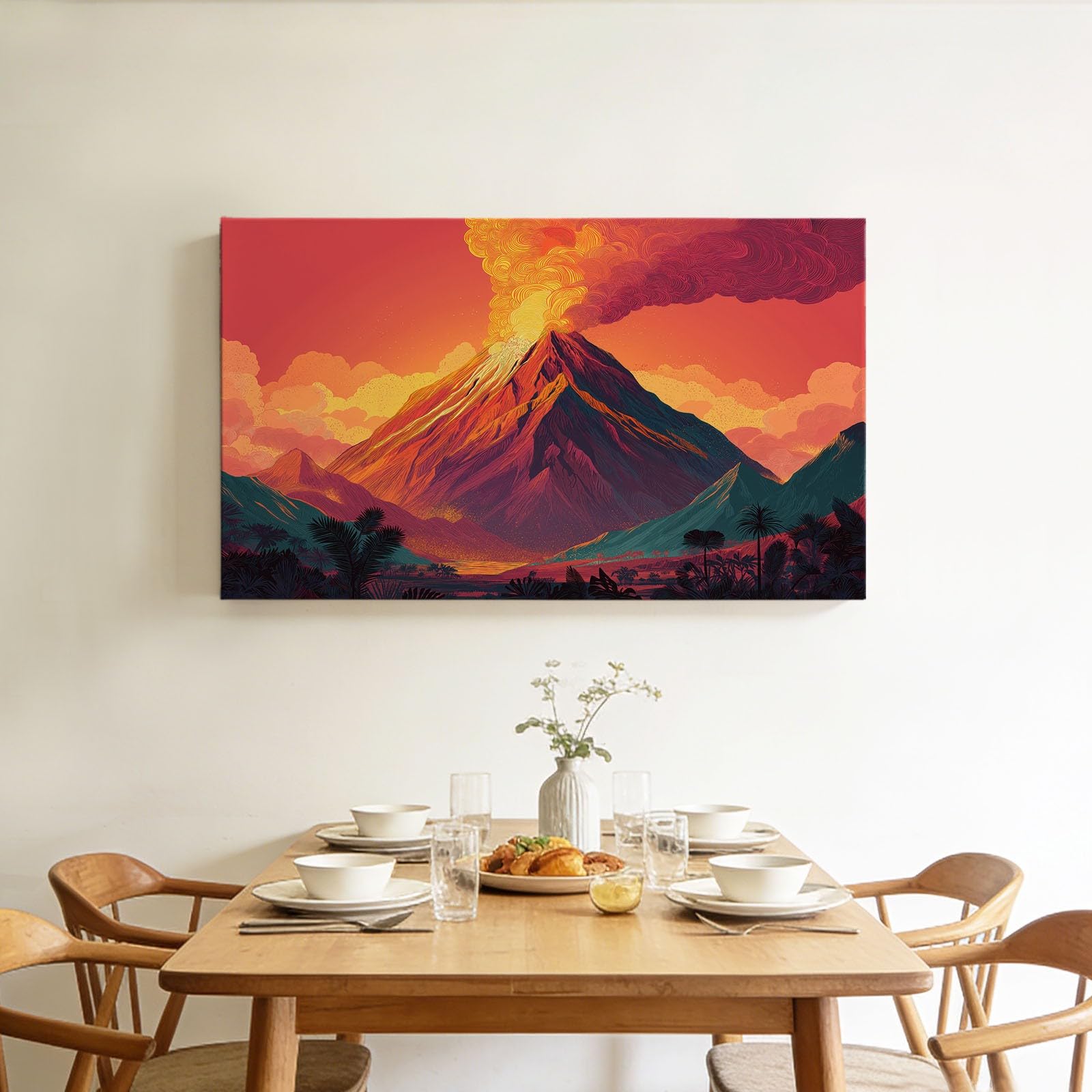 Generisch Berge Botanisch Vulkan Rauch Wellen Modernes Leinwandbild 100L x 75B cm mit Rahmen, Anime XXL Wanddeko für Wohnzimmer Geschenk Idee Einzug - Hochwertiger Kunstdruck auf Holzrahmen