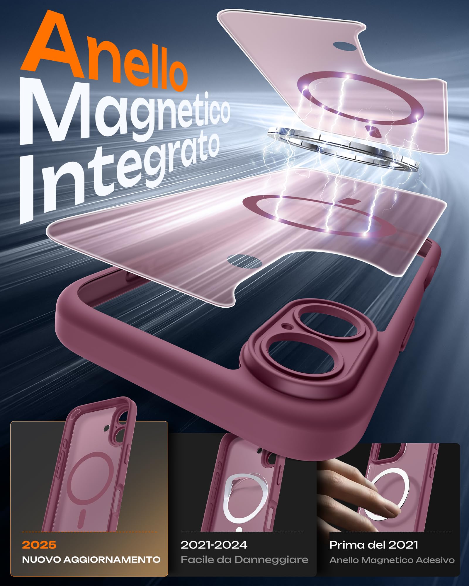 TOCOL Cover Magnetica per iPhone 17 6,3 Pollic, Compatibile con MagSafe, Anello Magnetico Incorporato, Protezione Fotocamera Integrata, Custodia Antiurto Traslucida Opaca, Prugna