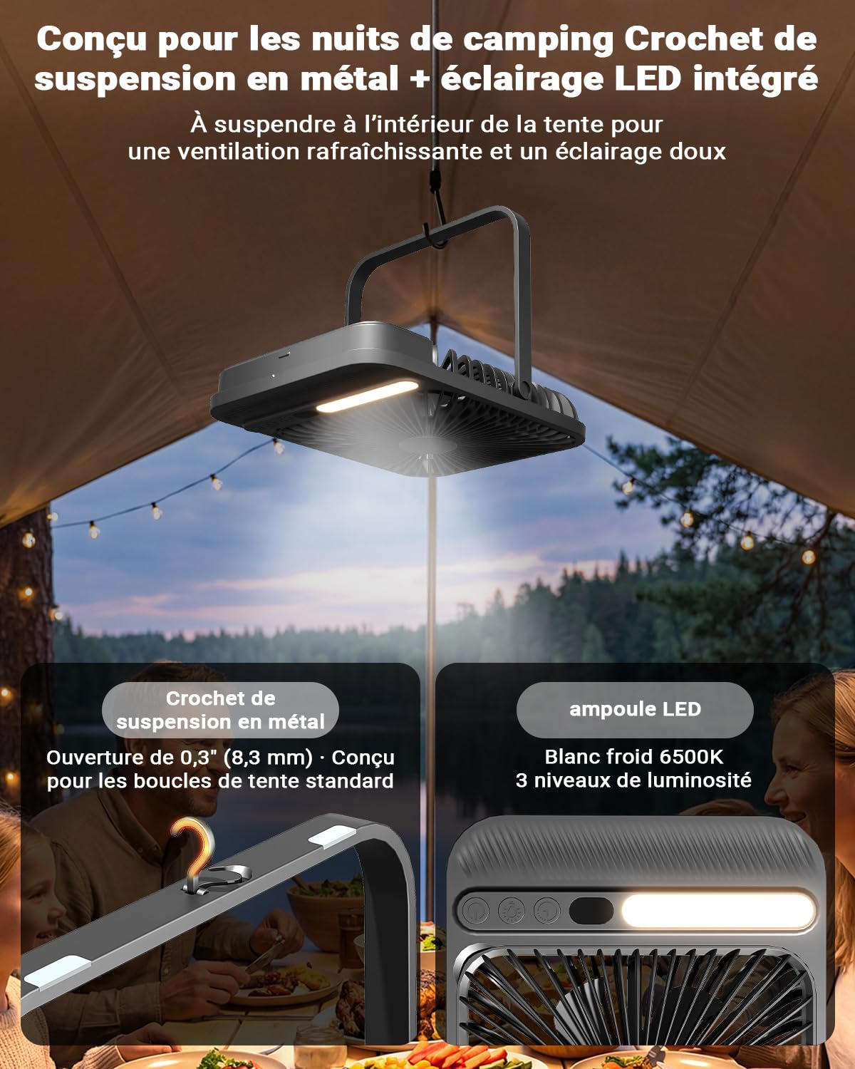 Ventilateur Portable de Voyage 7 Pouces avec Lumière, jusqu’à 28H d’Autonomie, Ultra Fin 1,4 Pouce, Minuterie 8H, Silencieux 42 dB, 4 Vitesses, Inclinaison 180°, Ventilateur de Bureau Rechargeable