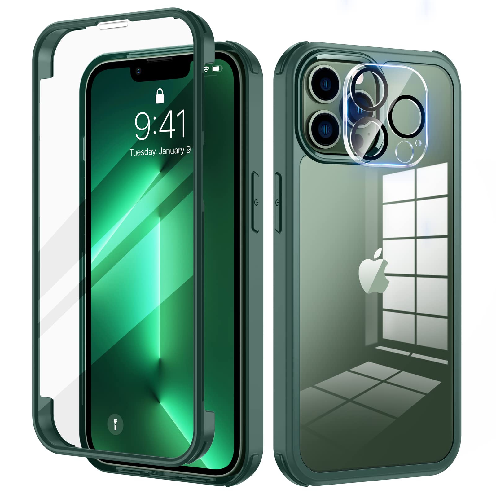 seacosmo Funda para iPhone 13 Pro MAX con Protector de Pantalla, Verde | Carcasa Antigolpes con Cristal Templado [9H HD], Protector Cámara, Protección 360° Doble Cara, Integral