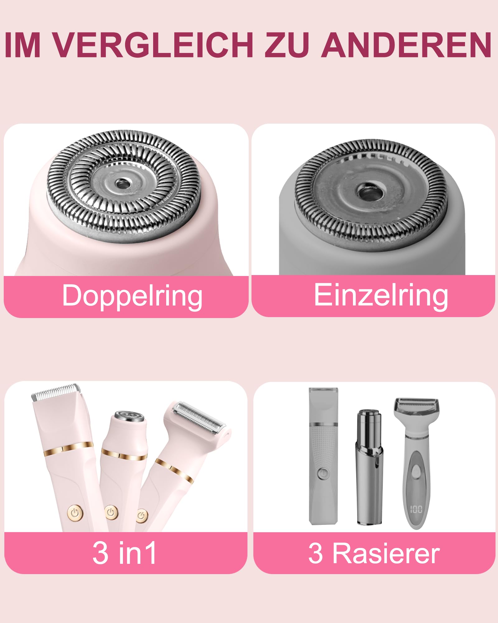 Rasierer Damen,3-In-1 Intimrasierer für Frauen,Gesichtshaarentferner für Frauen,Damenrasierer Elektrisch für Beine, Arme, Achseln und Bikinizone,Wiederaufladbarer Ipx7 Wasserdicht Trimmer Damen, Rosa