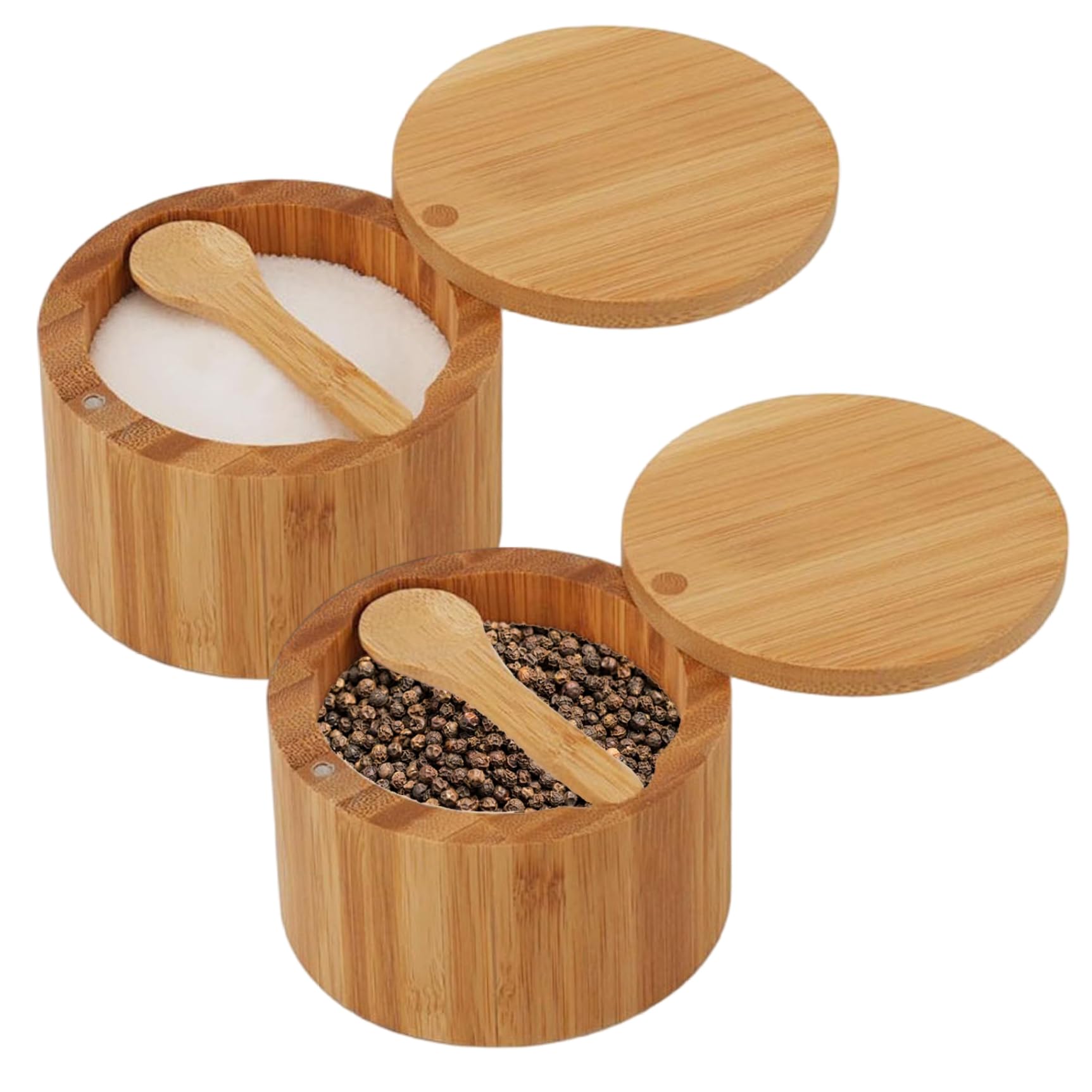 Nukinp 2Pcs Salt and Pepper Containers, Bamboo Salt and Pepper Bowls with Swivel Lid & Built-In Spoon, Round Storage Box for Storing Sugar Herbs Spice &1