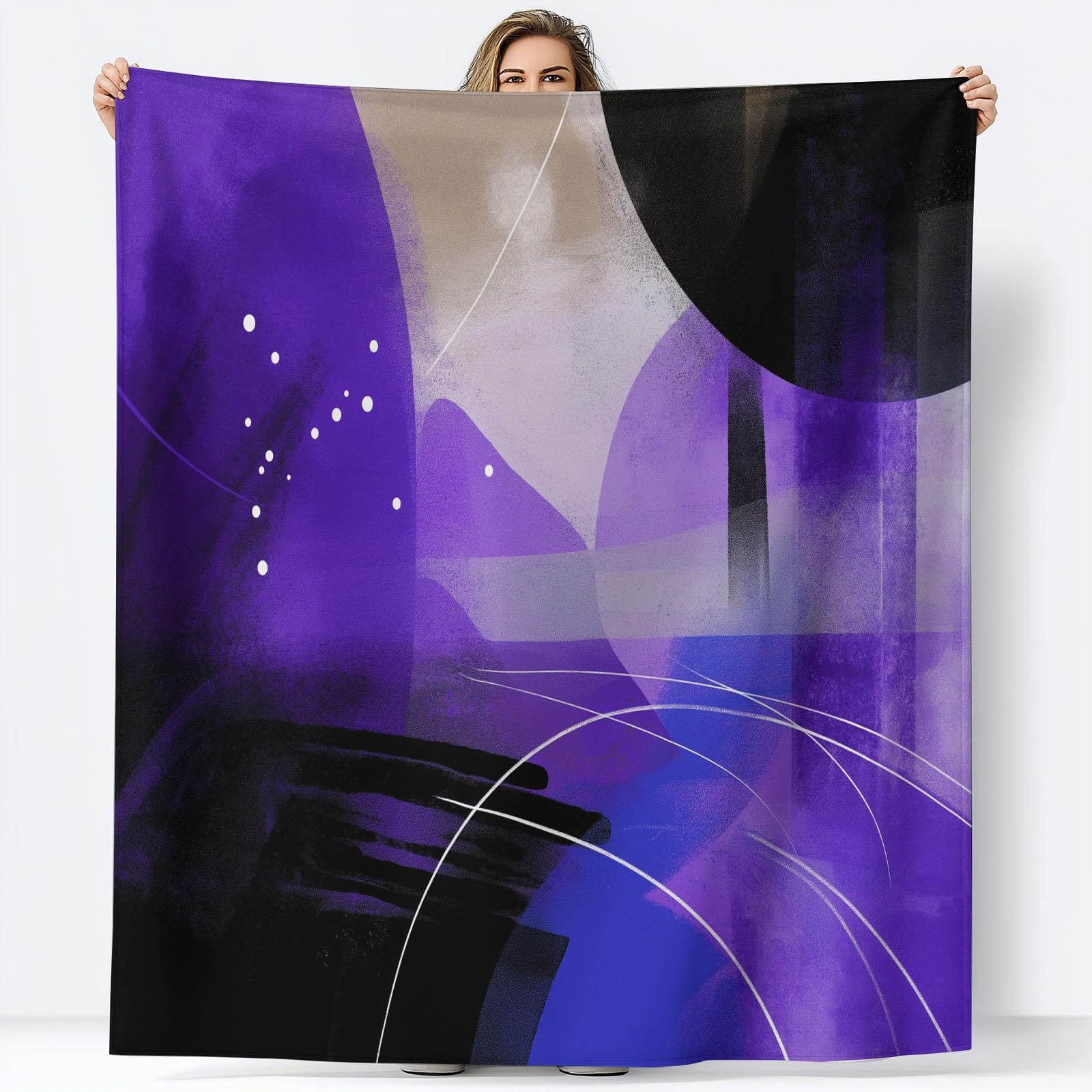 Koc flanelowy można prać w pralce 180 x 220 cm, miękki i ciepły, przytulny realizm lekki abstrakcyjny fioletowy i czarny koc dekoracyjny w paski geometria do łóżka sofy i pokoju dziecięcego