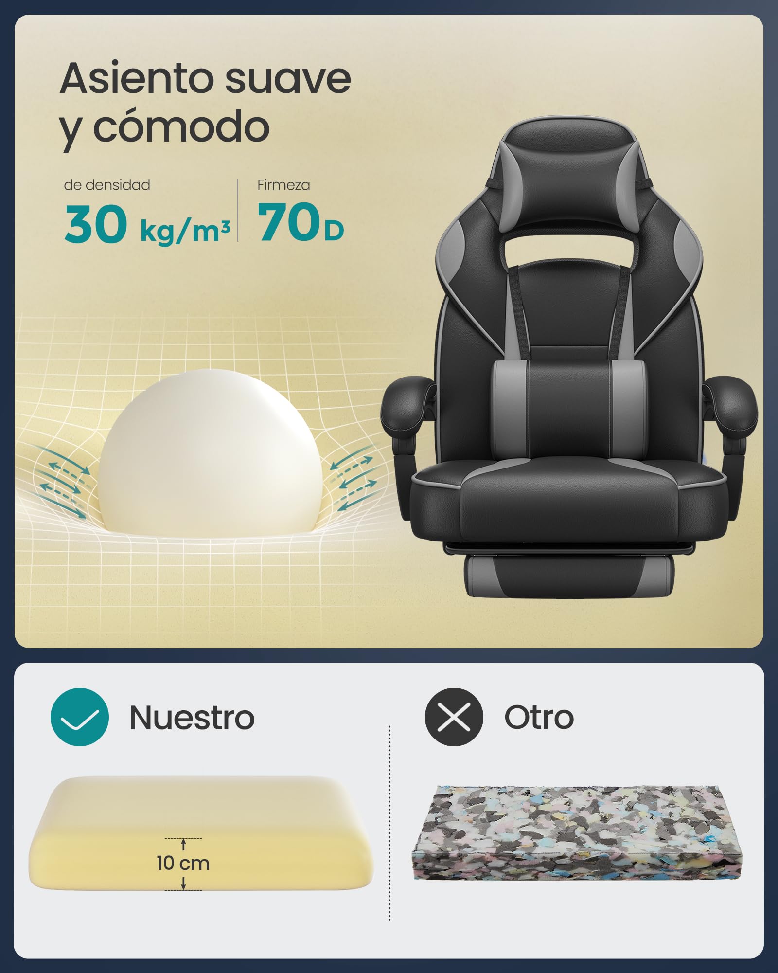 SONGMICS Silla de Oficina, Silla Gaming Ergonómica, con Reposapiés Telescópico, Respaldo Ajustable, Reposacabezas y Soporte Lumbar, Carga de 150 kg, Negro Tinta y Gris Paloma OBG073B03