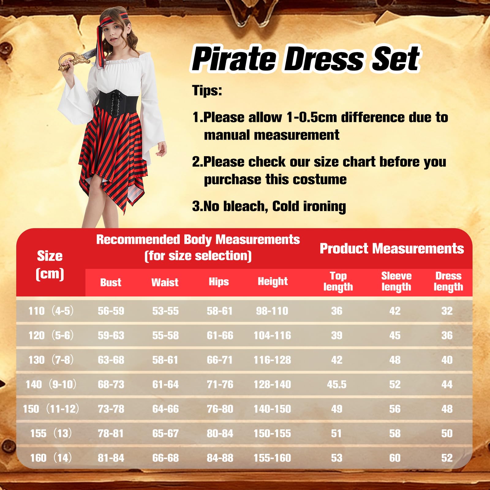 AJGEGJE Pirate Costume, Fashion Pirate Dress with Top Skirt Corset & Headband, for Carnival Halloween Fancy Dress (White, 120) - Image 4