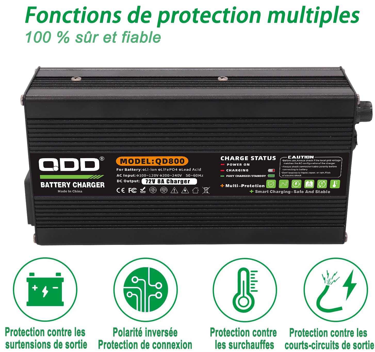 QDD Chargeur 72V 8A Chargeur de Batterie au Plomb 82,8V pour Batterie au Plomb 72V avec Prise CC C13 N+L-
