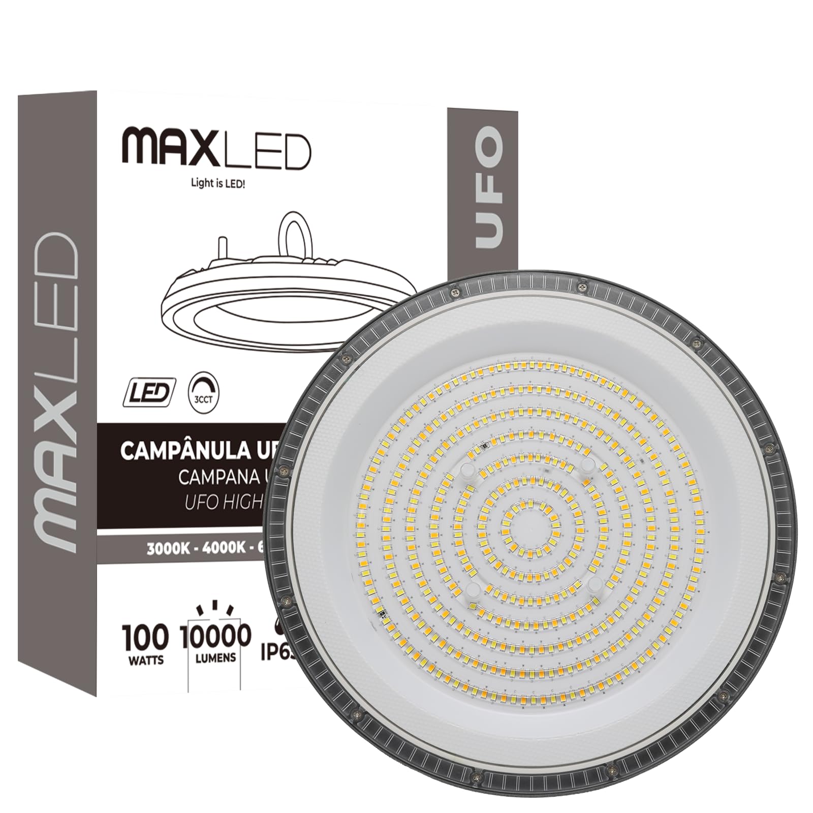 Maxled, Light is Led! LED High Bay 100W Spot LED pour Hall 10000LM Luminaire Étanche pour Hall 3CCT 3000K/4000K/6500K Lampe UFO IP65 Éclairage de Hall Angle de Rayonnement 90º Lampe Industrielle