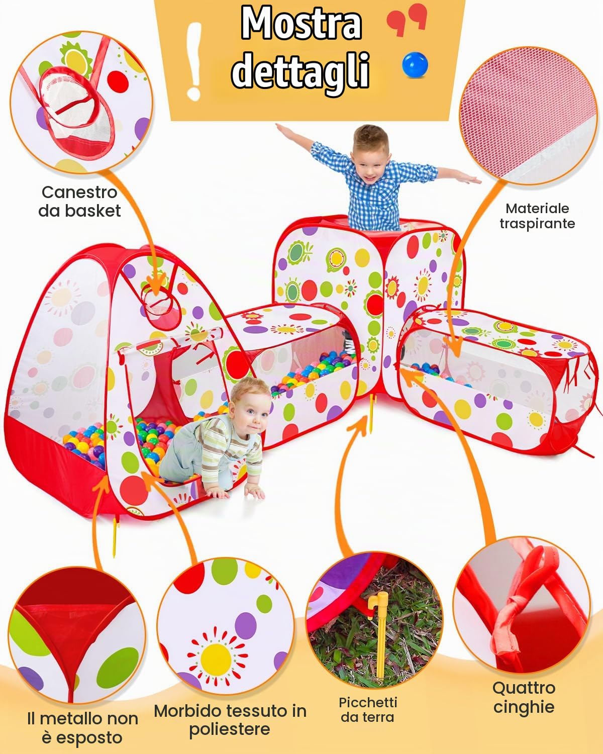 MAIKEHIGH Tunnel Gioco per Bambini, 4 en 1 Pop Up Tenda | Pieghevole Piscina Palline Interno Esterno Giardino Gioco Ragazzi Ragazze Compleanno Regalo