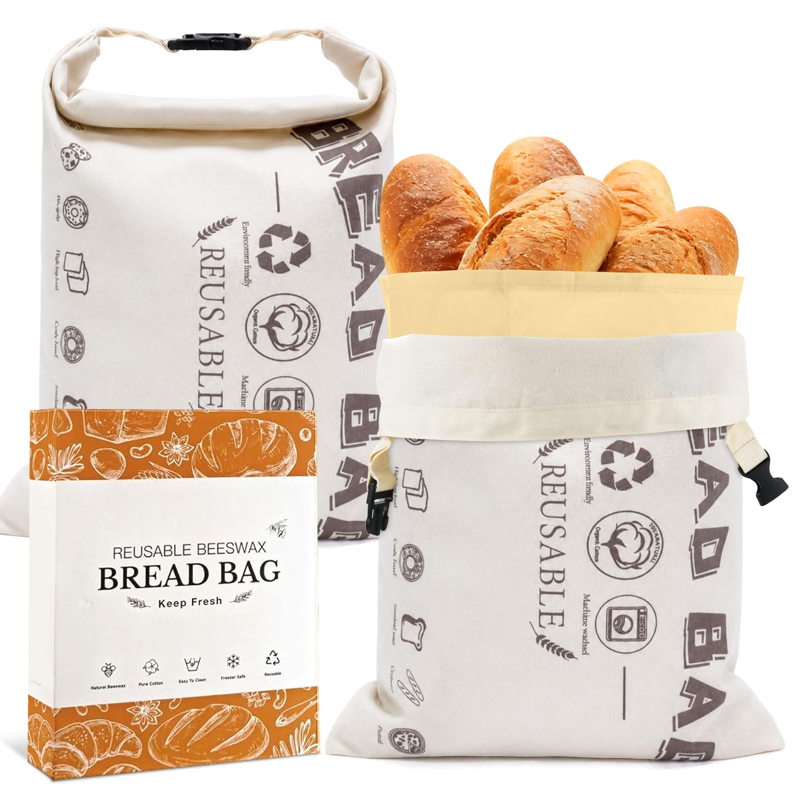 Loafguard Beeswax Bread Bags Reusable 2-Pack – 43x33cm Natural Beeswax Coated Cotton Storage Bags, Keep Homemade Bread & Baked Goods Fresh Longer (White)