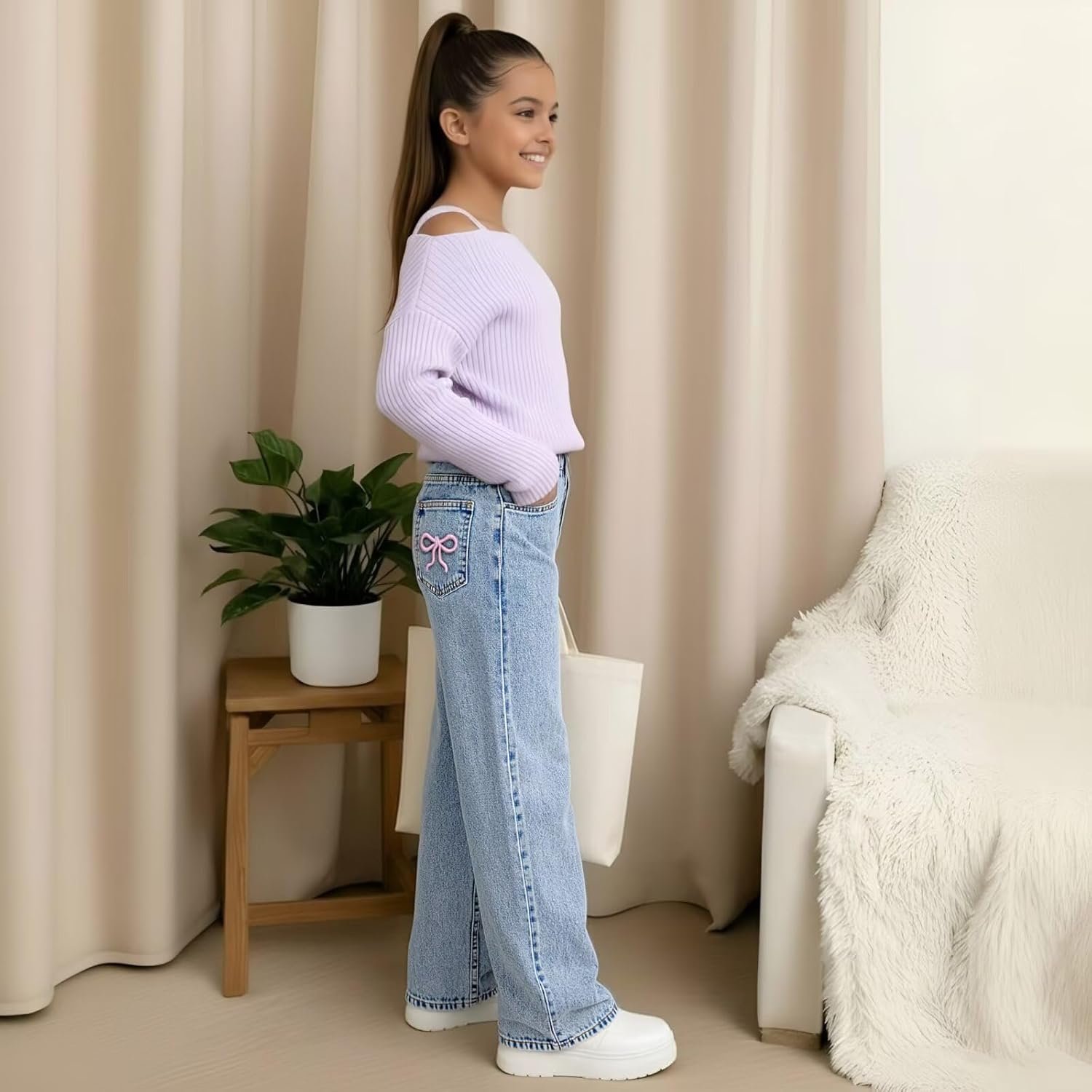 Girls Jeans Y2K Elastic Waist Wide Leg Baggy Loose Denim Pants Kids Trousers Streetwear Washed - Image 3