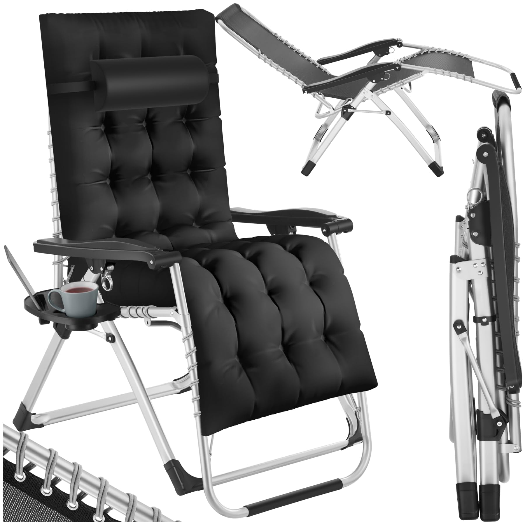 TecTake® Silla Tumbona Plegable para Playa y Jardín, Cojín Cabezal Extraíble, Estructura de Acero, Mesa Auxiliar, Ideal como Silla Camping y Picnic, Silla Exterior Terraza - 1 Tumbona Negro