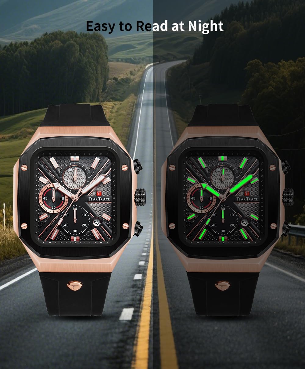 Rectangle Mens Watches Luminous Waterproof Luxury Dress Men's Wrist Watches Chronograph Analog Square Watch for Men with Silicon Strap - Image 6