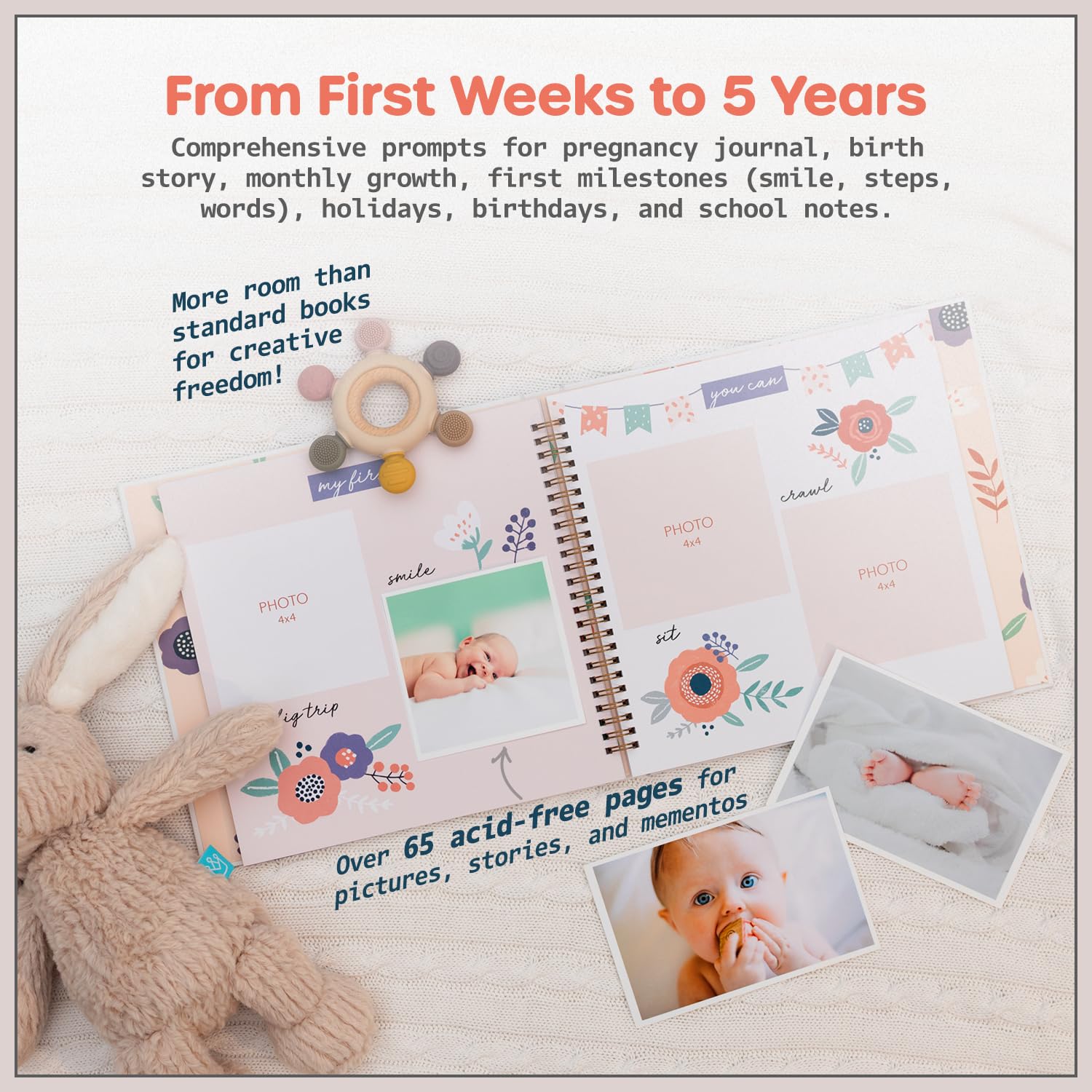 Album dei ricordi per bambine – Album per bambini per i primi 5 anni – Ricordo per foto di bambini, copertina rigida, floreale