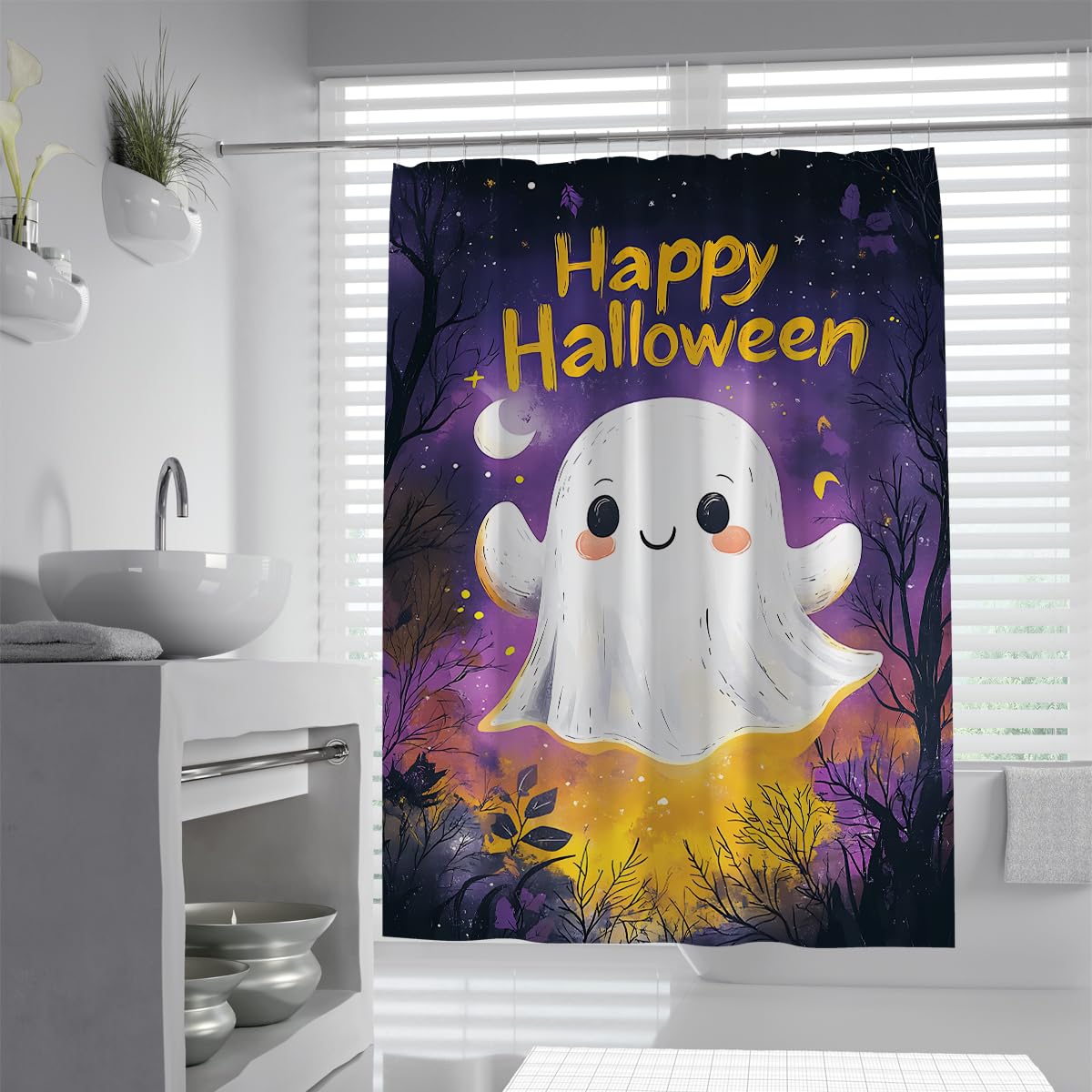 Rideau de douche Halloween lavable en polyester violet 90x180cm