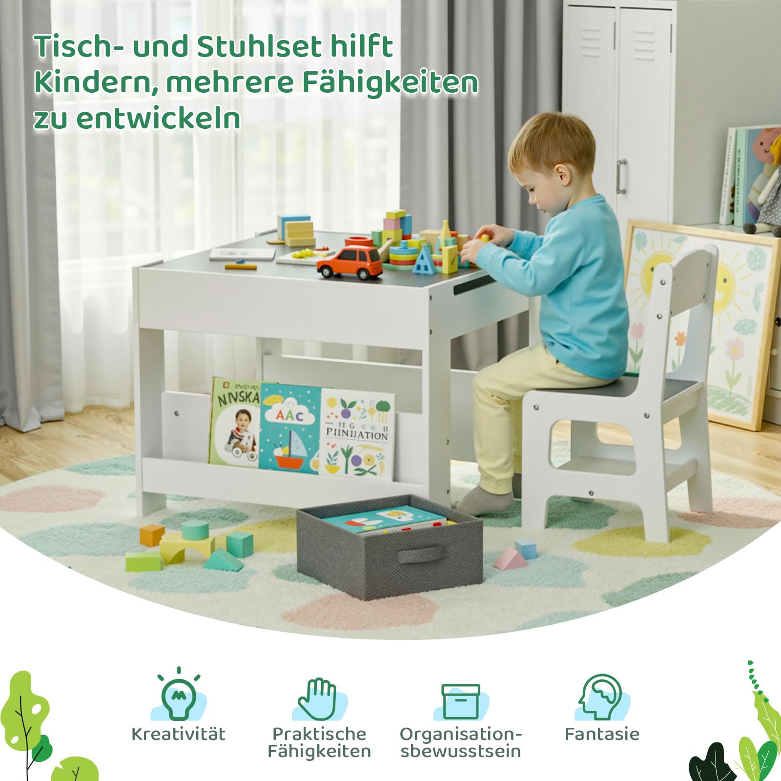 MAMIZO Table pour Enfant avec 2 Chaises, 3 en 1 Ensemble de Table et Chaises, Mobilier Enfant en Bois avec rangements et étagères, avec Plateu Réversible, 3-7 Ans, Salle des Enfants, Gris