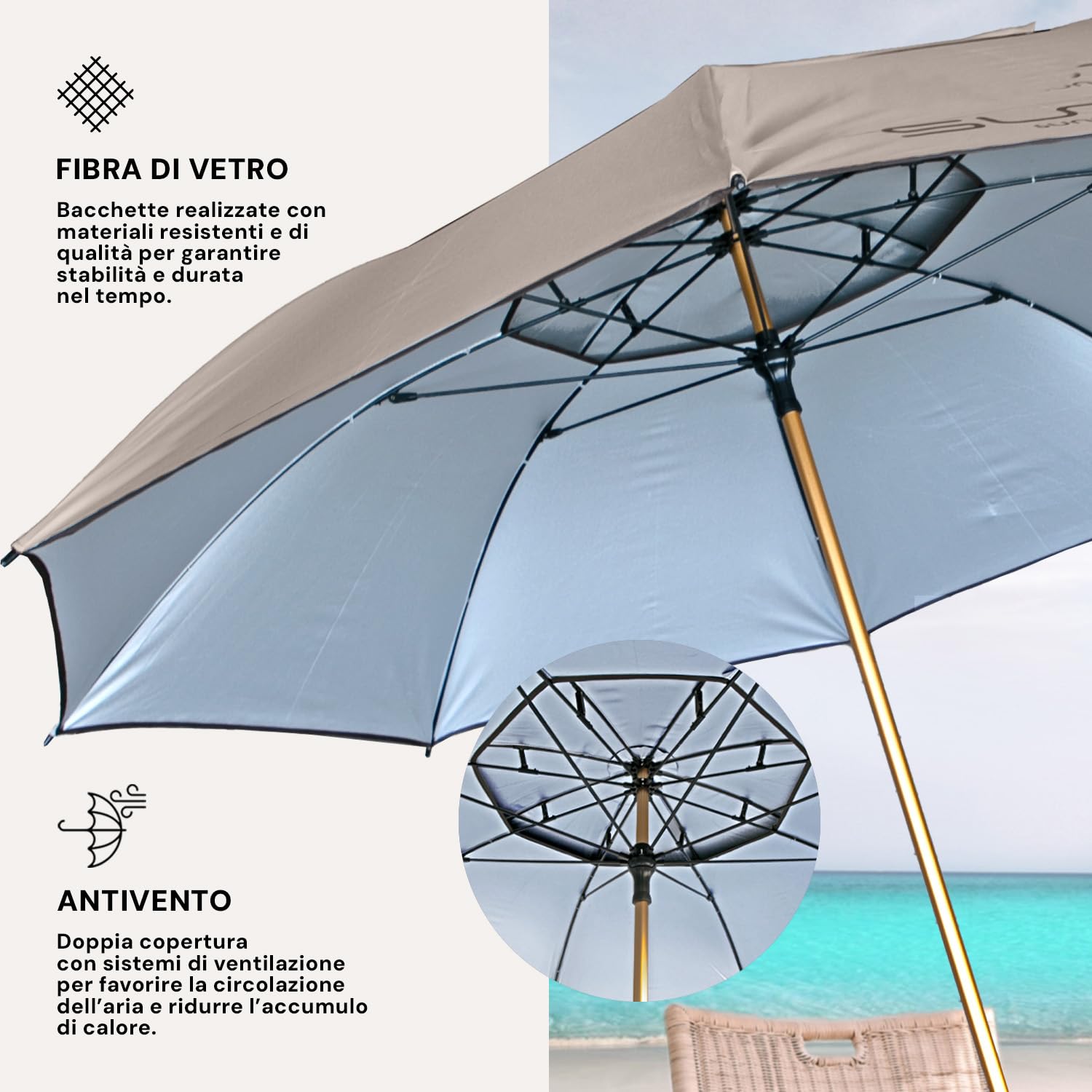 PERLETTI Ombrellone da Spiaggia Giardino Antivento Inclinabile - Ombrello Parasole da Balcone Esterno - Portatile Leggero con Trivella Protezione UV - Ombrellone Mare Grande - Diametro 165 cm