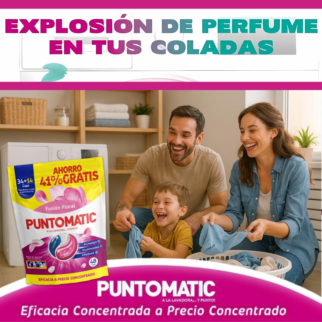 PUNTOMATIC | Cápsulas Tricámara Floral | Detergente Lavadora para Ropa Blanca y de Color | Quitamanchas | 34+14 (48) lavados, 4 Unidades 192 Lavados (192)