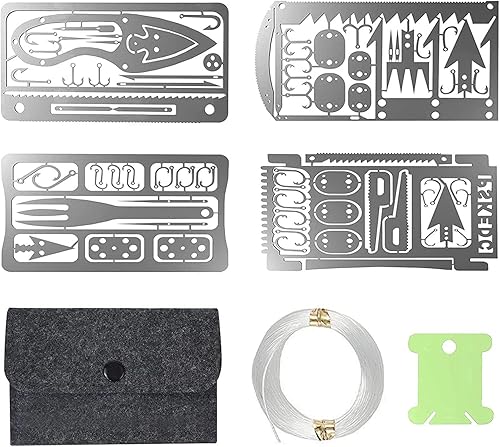 Hukado Kit de campamento multiherramienta de 7 piezas con equipo de línea de pesca, cartera de tarjetas de crédito multiusos, herramienta de